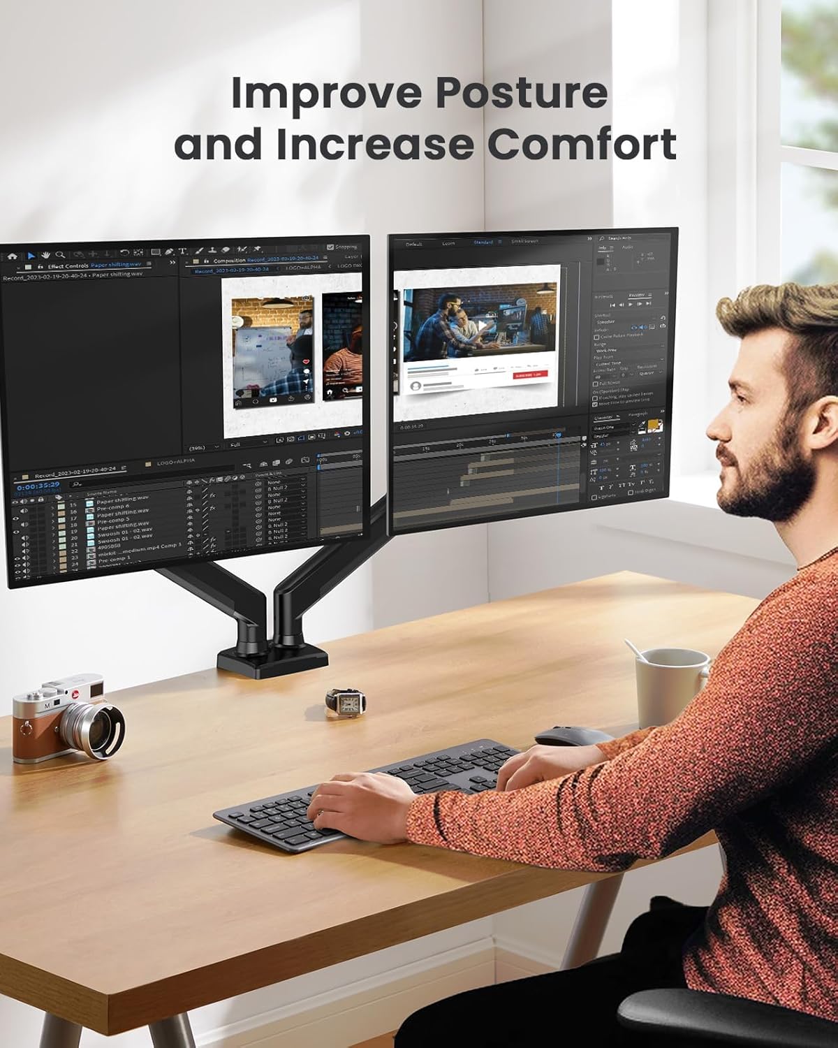 ErGear Dual Monitor Stand up to 32 inches Screen, Load-Bearing Max 22 lbs Each Arm, Adjustable Dual Monitor Mount, Sturdy Steel vesa Monitor Mount with Stable VESA 75x75 100x100mm - Image 7