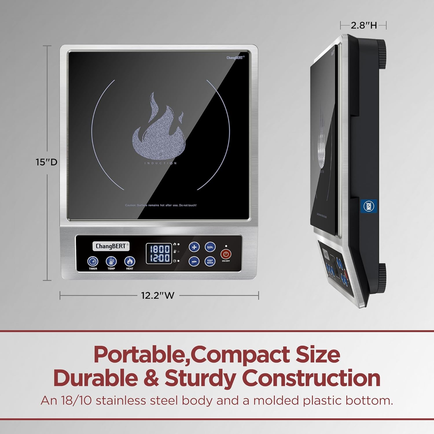 Portable Induction Cooktop, NSF Certified Pro Induction Hot Plate, Powerful 1800W with Large 8" Heating Coil, 18/10 Stainless Steel, 18 Temp Settings Commercial Grade Countertop Burner - Image 7