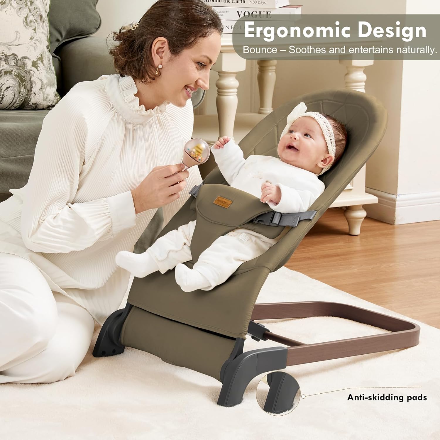 Foldable Baby Bouncer, Baby Bouncer Seat with 3 Adjustable Heights, Portable Newborn Rocker, Ergonomic Bouncer Seat for Natural Bounce, Bouncer for Babies 0-6 Months, Soft Cotton (Green) - Image 3