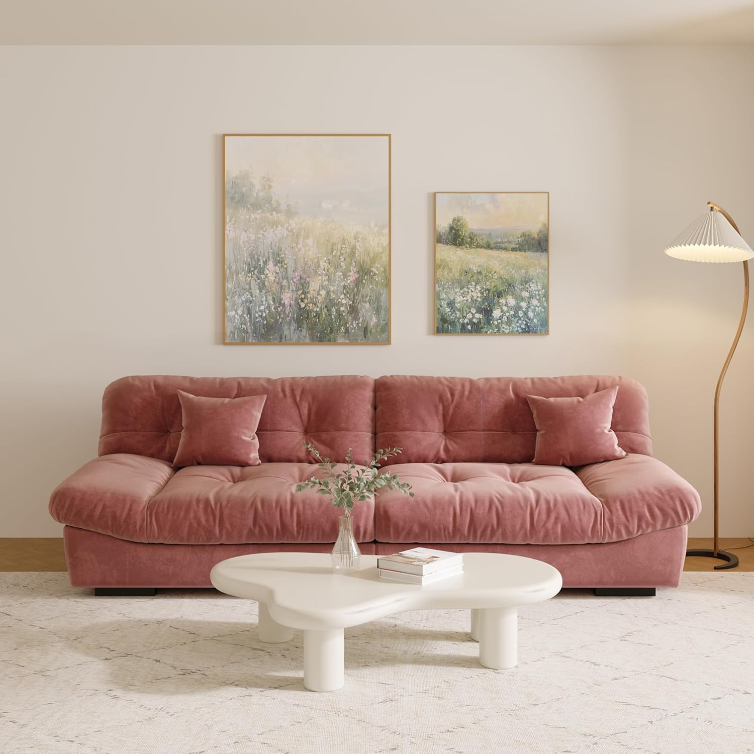 Cloud Modular Sectional Sofa,Scrub Velvet Minimalist Sofa Couch for Living Room, Curved Couch,Modern LoveSofa with 2 Pillows 3 Seater for Apartment Office Studio, Deep Seat Couches (Pink, 89inch) - Image 2