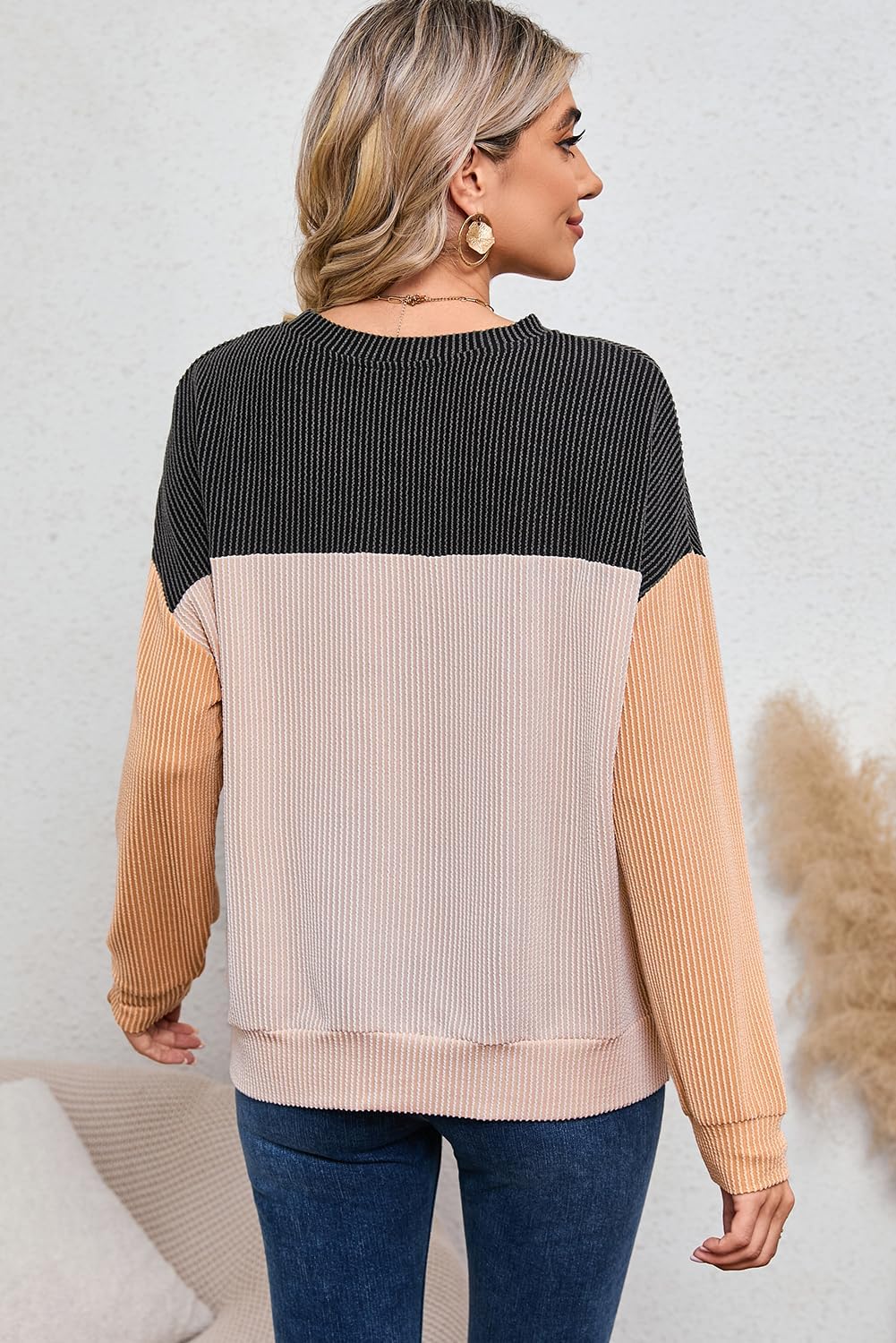 Dokotoo Womens Fashion 2025 Color Block Long Sleeve Crewneck Knitted Casual Loose Pullover Shirts Tops - Image 3