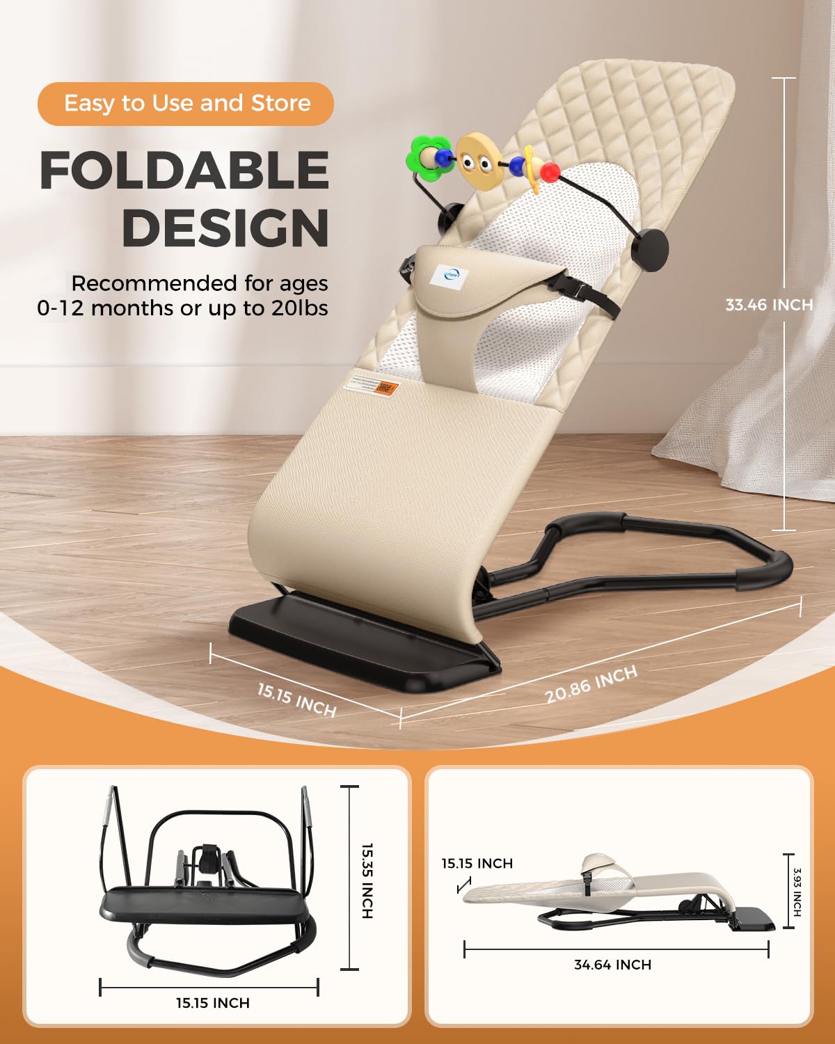 Bouncer Seat for Babies 0-12 Months, Baby Bouncer forBreathable and Comfortable Cushion, Three HeightAdjustments, Baby Rocker Portable Folding andDetachable, Ergonomic Baby Seat - Image 5