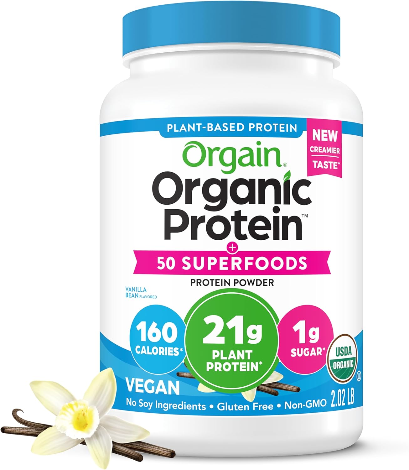 Orgain Organic Vegan Protein + 50 Superfoods Powder, Vanilla Bean - 21g Plant Based Protein, 8g Prebiotic Fiber, No Lactose Ingredients, Gluten Free, No Added Sugar, Non-GMO, 2.02 lb - Image 2