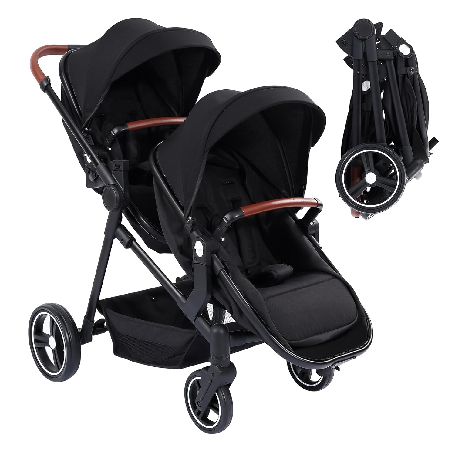 Double Stroller for Infants and Toddlers, Foldable Tandem Stroller, Reversible Pushchair Bassinet Pram with Large Storage Basket, Adjustable Backrest & Canopy, Black - Image 3