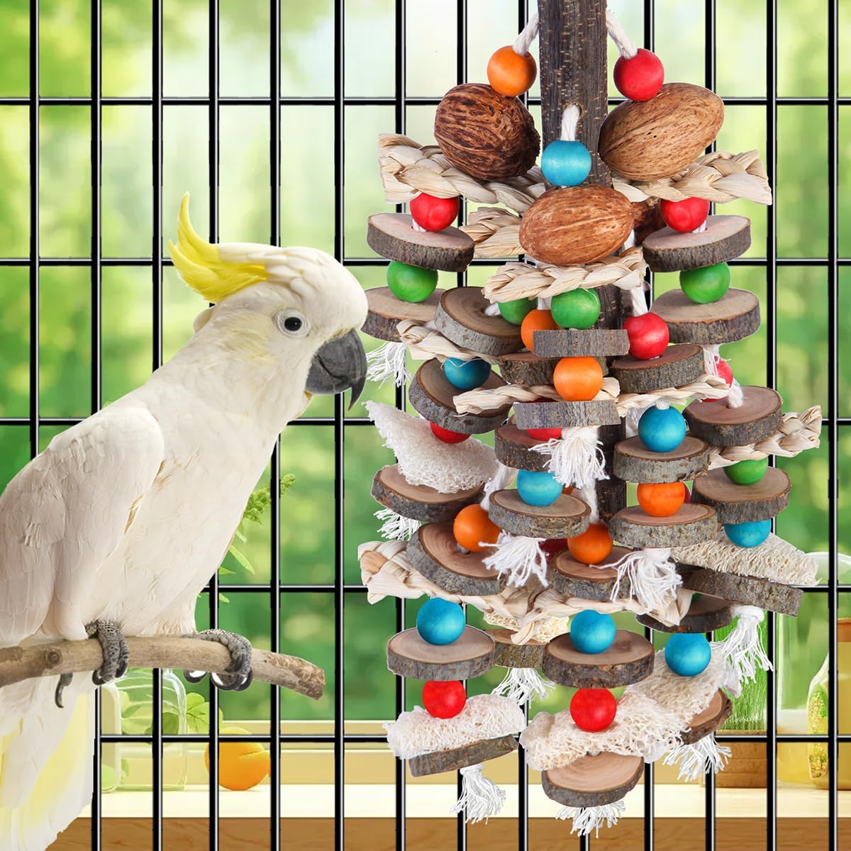 BBjinronjy Large Parrot Toys Bird Chewing Toys-Natural Nuts Corn Loofah Wooden Bird Cage Toy for African Grey,Macaws,Conure,Cokatoos,Cockatiel,Amazon Parrots and Other Medium and Small Birds - Image 3