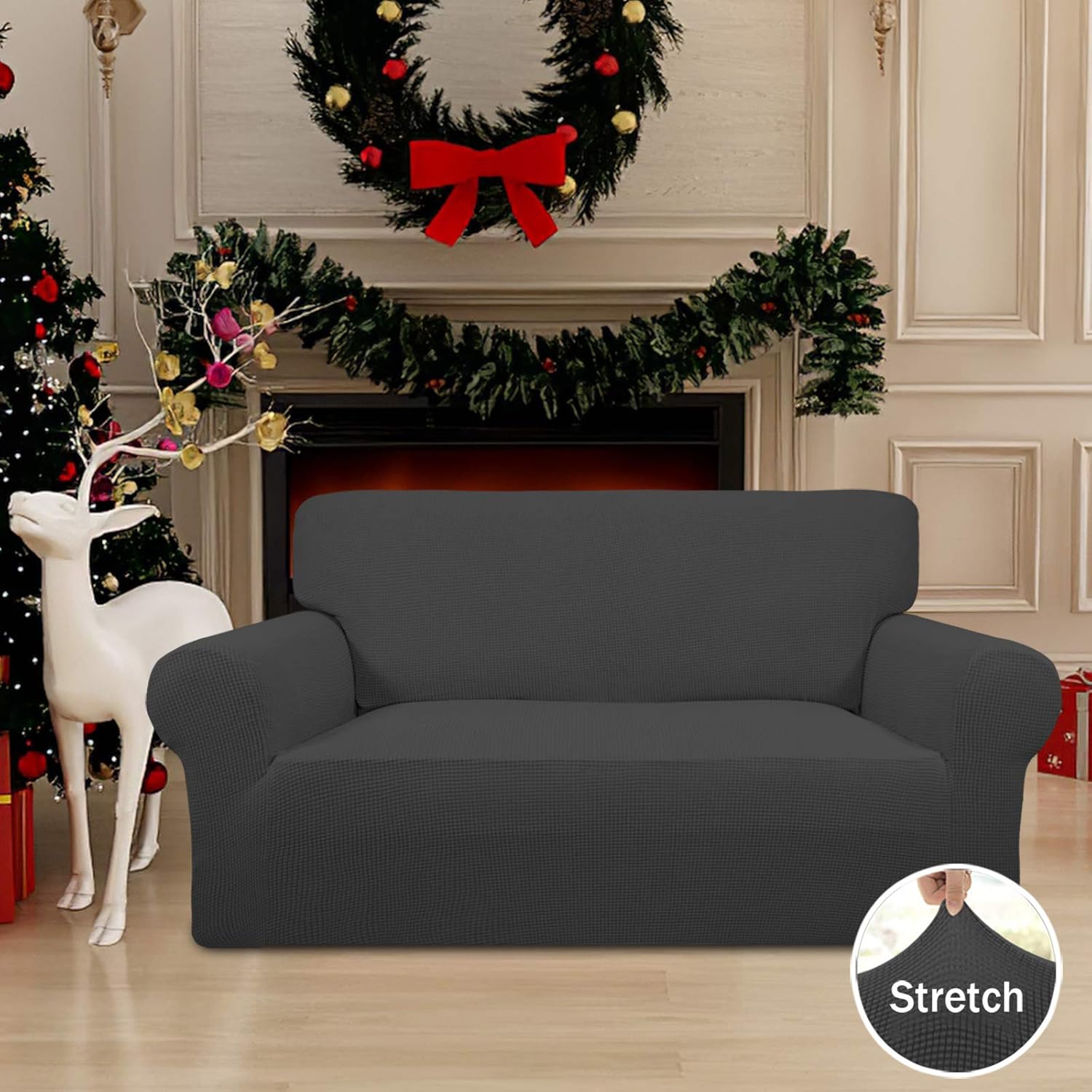 Easy-Going Stretch Loveseat Slipcover 1-Piece Sofa Cover Furniture Protector Couch Soft with Elastic Bottom for Kids Polyester Spandex Jacquard Fabric Small Checks (Loveseat, Dark Gray) - Image 3