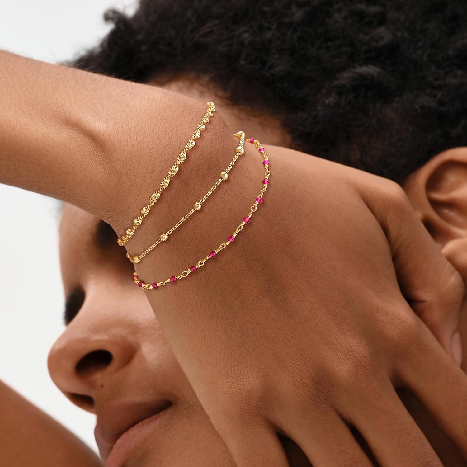 MEVECCO Dainty Gold Beads Bracelets,18K Gold Plated Handmade Cute Emerald Zircon Bead Chain Minimalist Bracelet for Women Jewelry Gifts - Image 4