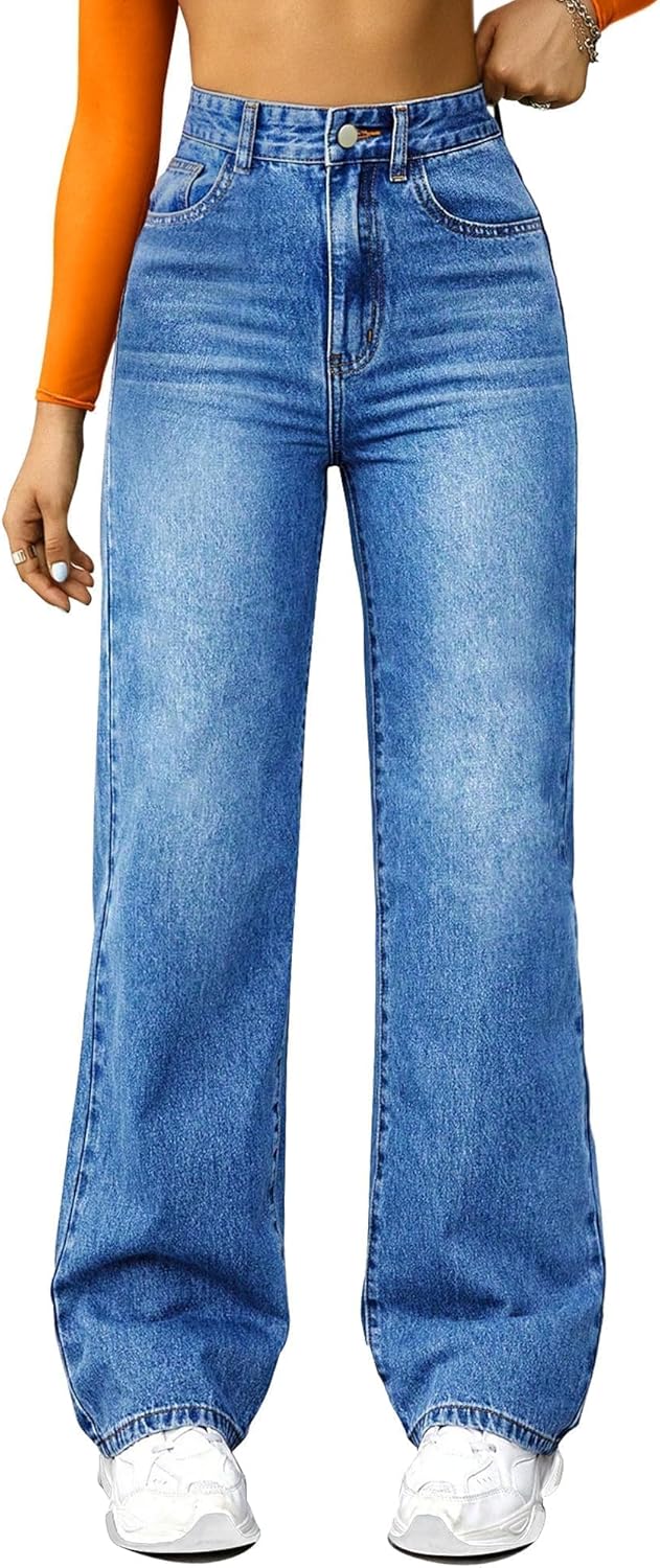 Straight Leg Jeans for Women,High Waisted Wide Leg Loose Microelastic Boyfried Denim Pants - Image 2