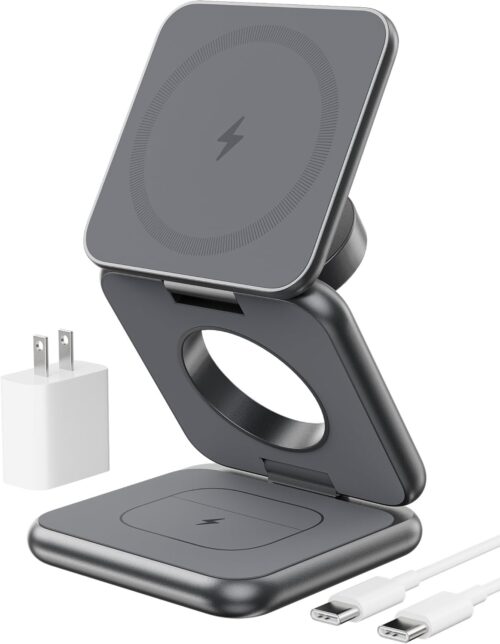 Foldable Magnetic Wireless Charger, KU XIU X40 Aluminum Alloy 3 in 1 Charging Station for Apple, Fast Mag-Safe Charger Stand for iPhone 16 15 14 13 12 Series, 5W for iWatch, AirPods 3/2/Pro, Gray