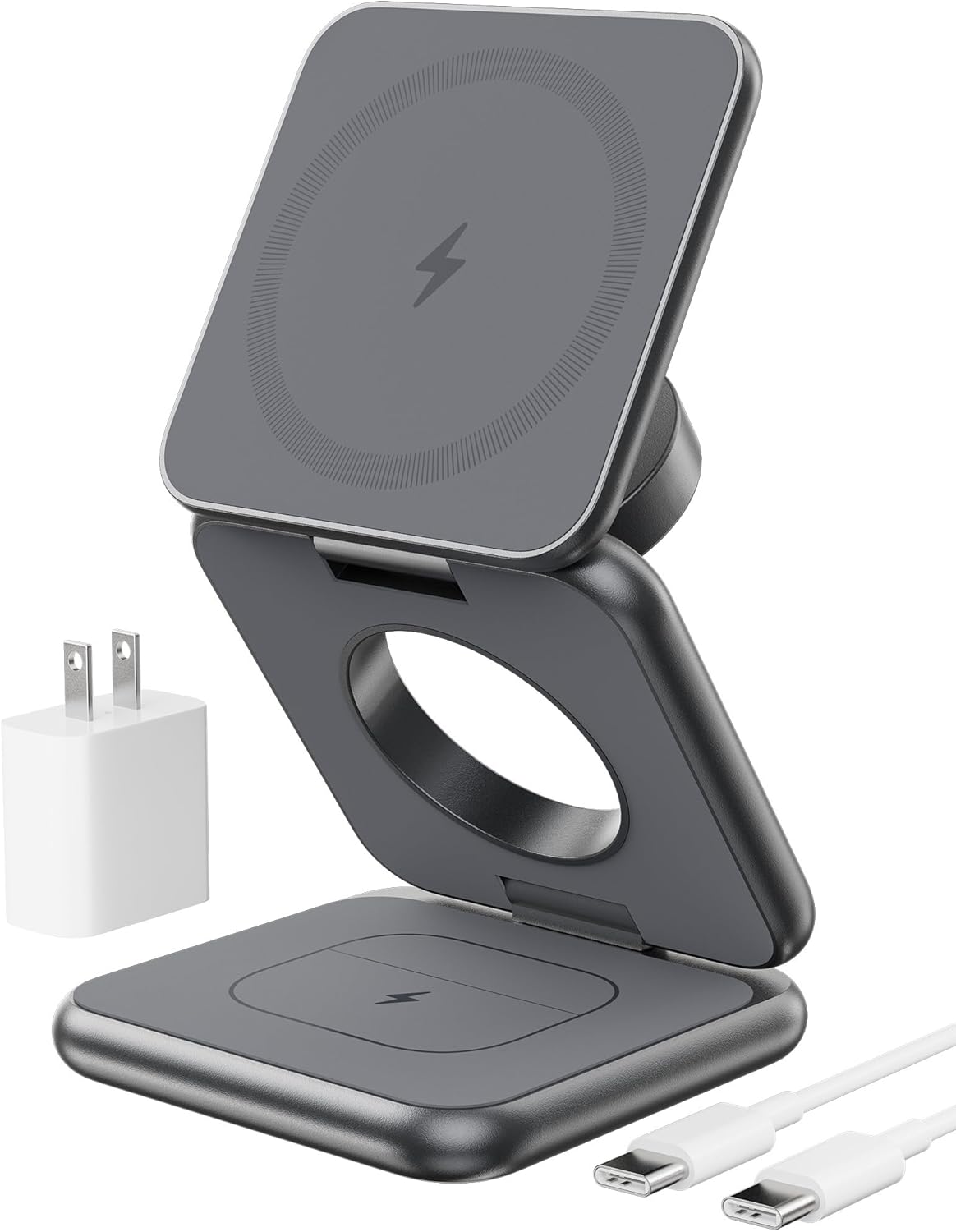 Foldable Magnetic Wireless Charger, KU XIU X40 Aluminum Alloy 3 in 1 Charging Station for Apple, Fast Mag-Safe Charger Stand for iPhone 16 15 14 13 12 Series, 5W for iWatch, AirPods 3/2/Pro, Gray