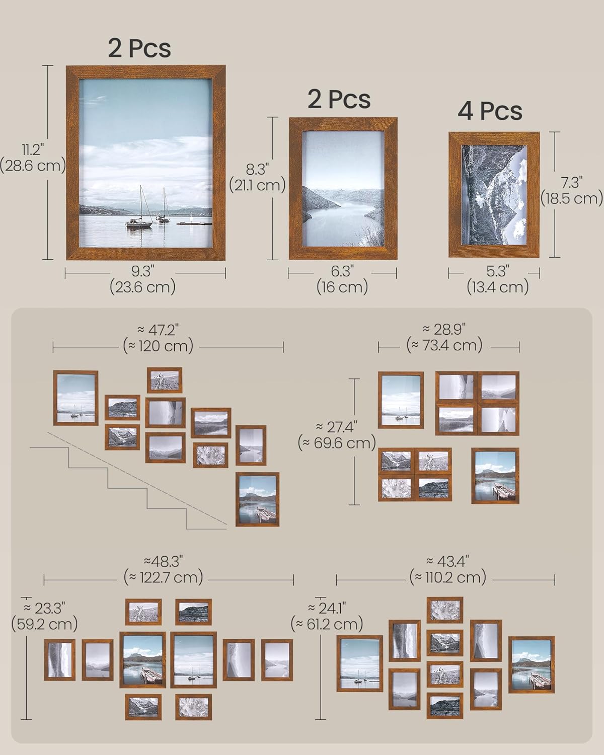 SONGMICS Picture Frames, Collage Picture Frames Set of 10, Two 8x10, Four 5x7, Four 4x6, Photo Frame for Wall Gallery Decor, Table Display, Glass, Rustic Brown - Image 7