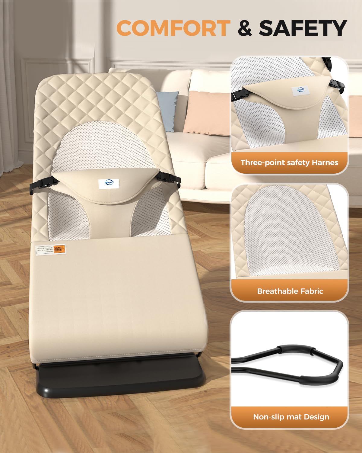 Bouncer Seat for Babies 0-12 Months, Baby Bouncer forBreathable and Comfortable Cushion, Three HeightAdjustments, Baby Rocker Portable Folding andDetachable, Ergonomic Baby Seat - Image 4