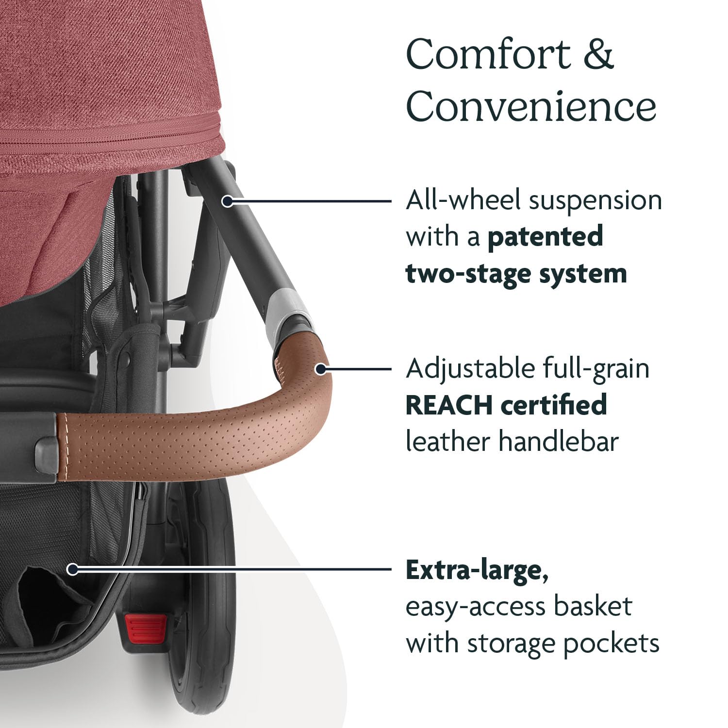 UPPAbaby Cruz V2 Stroller/Full-Featured Stroller with Travel System Capabilities/Toddler Seat, Bumper Bar, Bug Shield, Rain Shield Included/Lucy (Rosewood Mélange/Carbon Frame/Saddle Leather) - Image 6