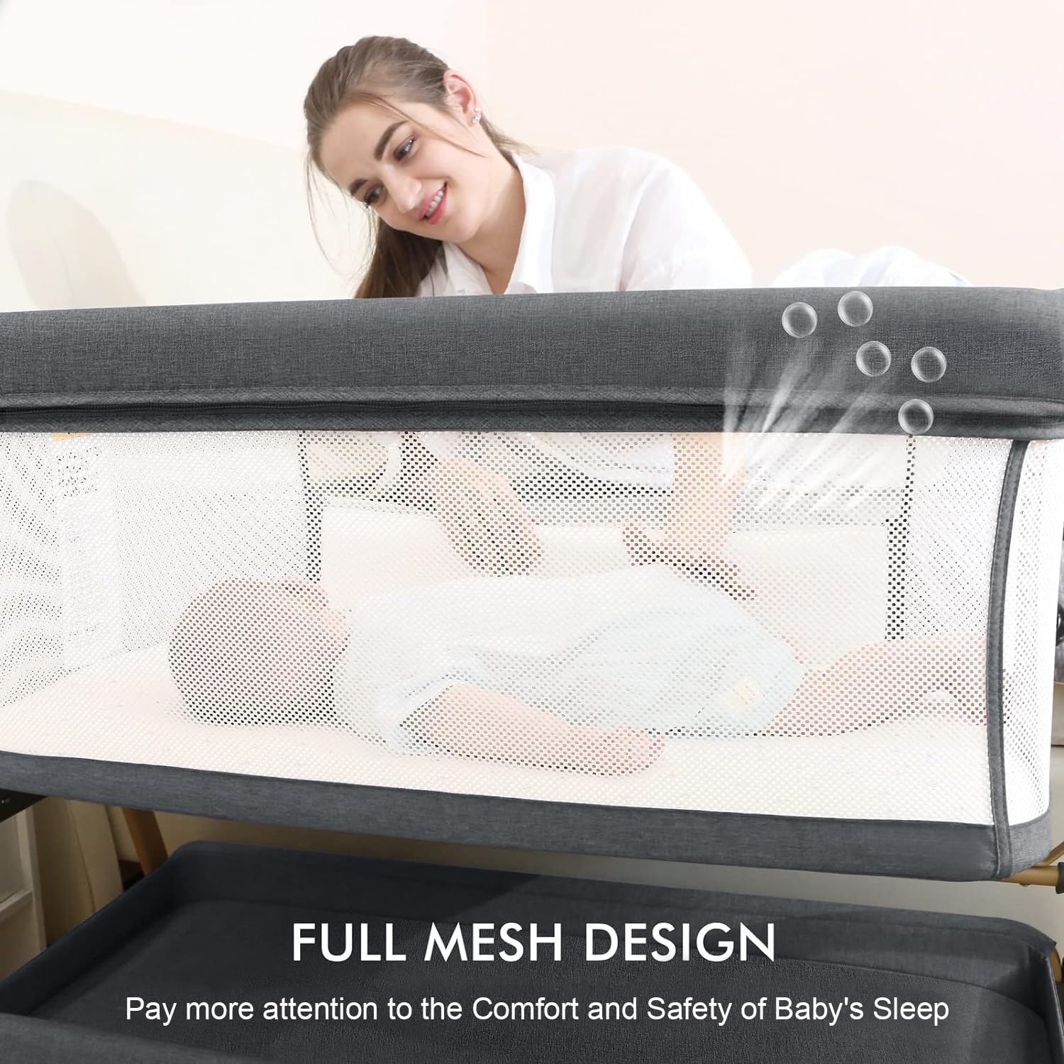3 in 1 Baby Bassinet, Bedside Bassinet for Baby, Rocking Bassinet with Comfy Mattress and Wheels, 6 Height Adjustable Easy Folding Portable Bedside Crib for Newborn - Image 5