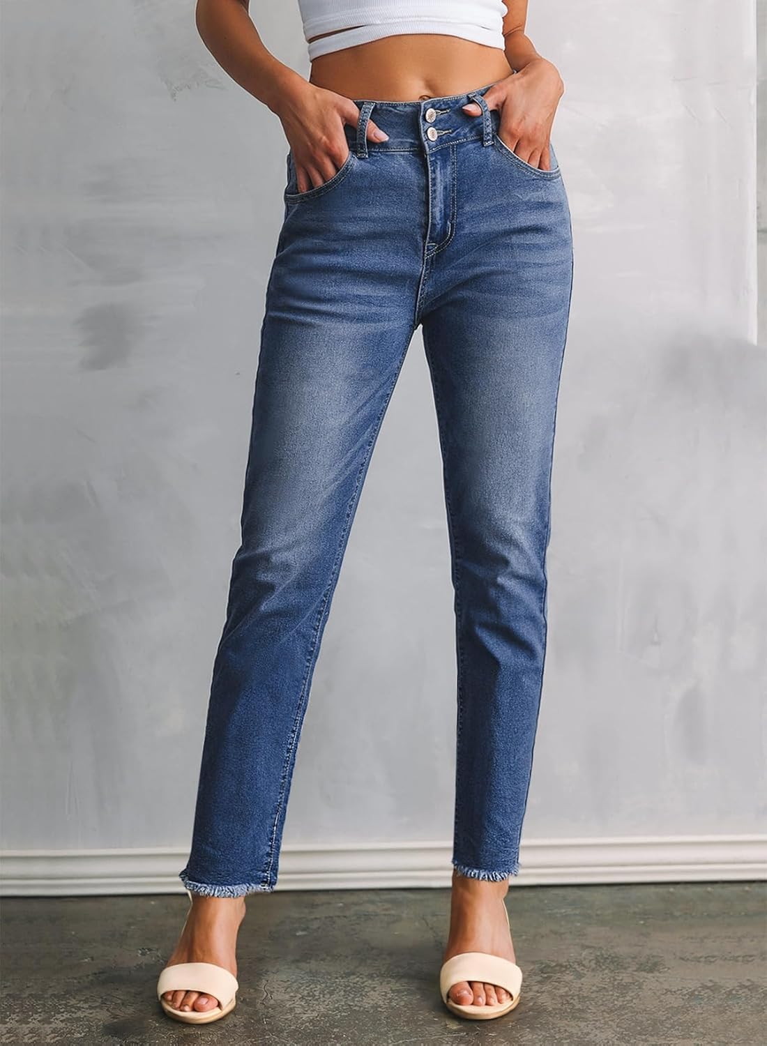 Sidefeel Women's High Waisted Jeans Strechy Spring Fashion Raw Hem Straight Leg Zimbaplatinum Ankle Denim Pants with Pockets - Image 4