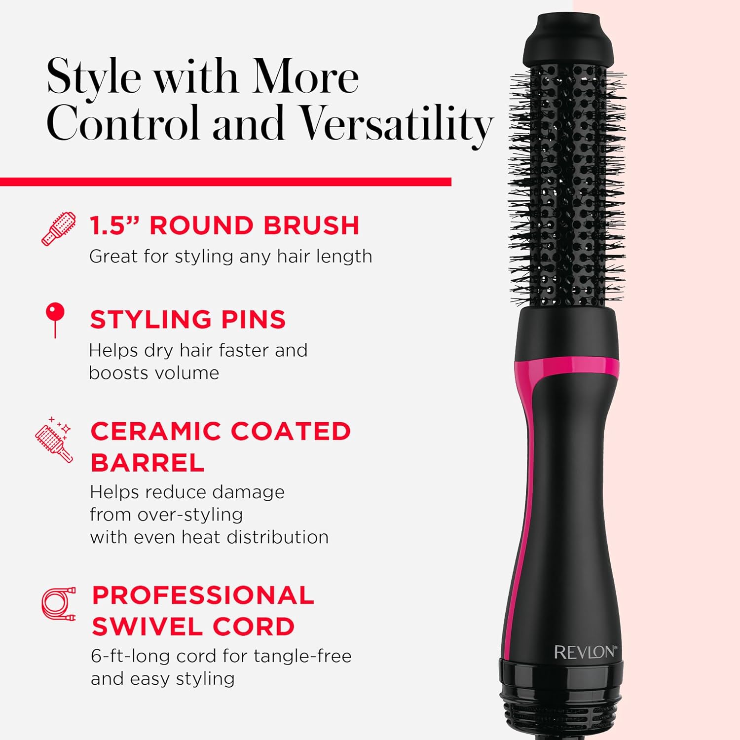 REVLON One-Step Hair Dryer and Styler - Root Booster Round Brush for Styling, Dryer Brush for Fast and Easy Salon-Quality Blowout, More Shine and Less Frizz (1-1/2 in) - Image 6