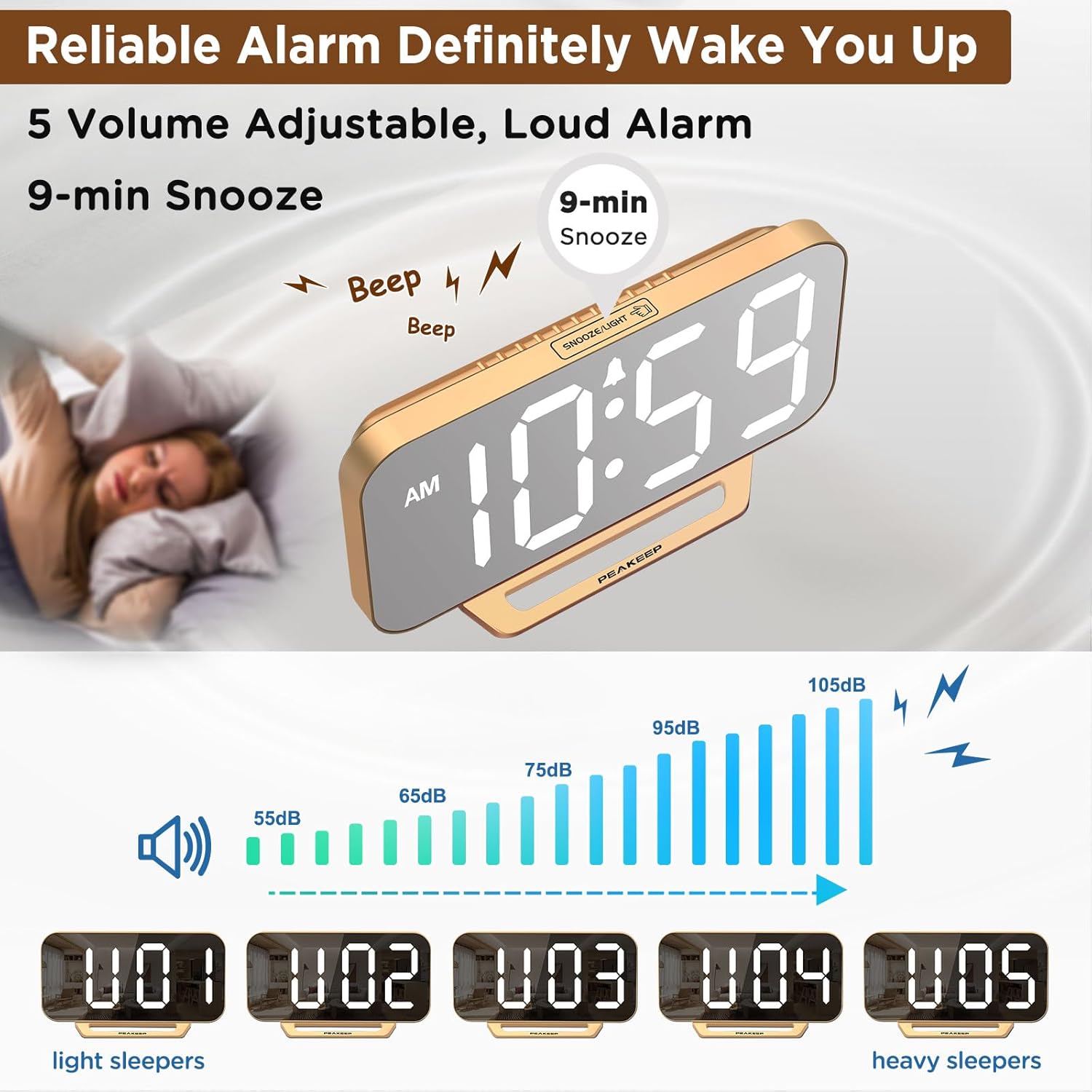 Peakeep Slim Digital Mirror Clock, Aesthetic Alarm Clock for Desk - Plug in Electric Clock Big LED Modern Decorative Small Table Clock for Office Living Room, Battery Backup, 6 Dimmers (Gold) - Image 6