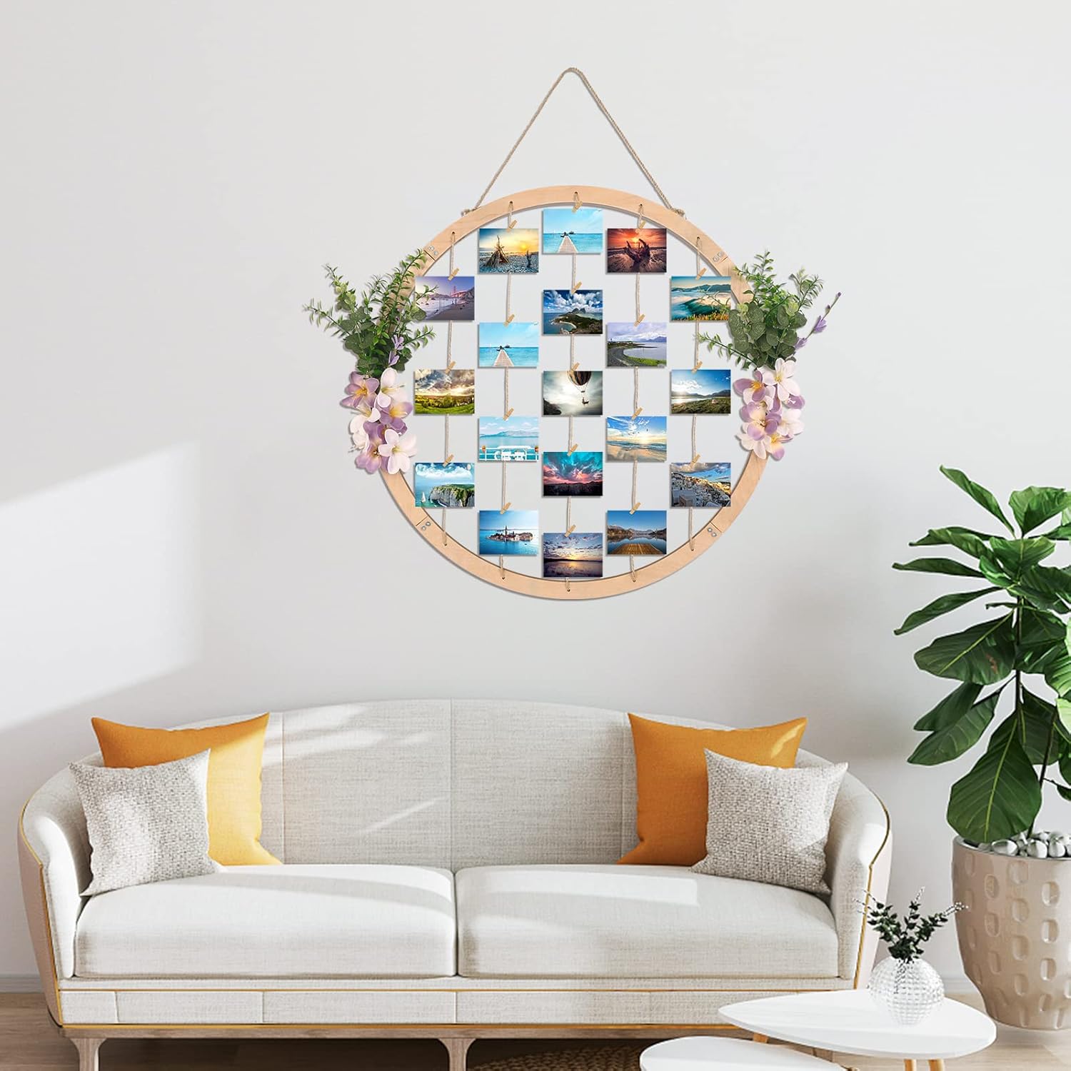 Super Holiday Large Round Wooden Picture Frames - 60CM/23.62" Artificial Flower/Eucalyptus Hanging Display Board Photo Frames Collage Wall Decor, for Spring Summer Mother's Day Grandma Christmas - Image 7