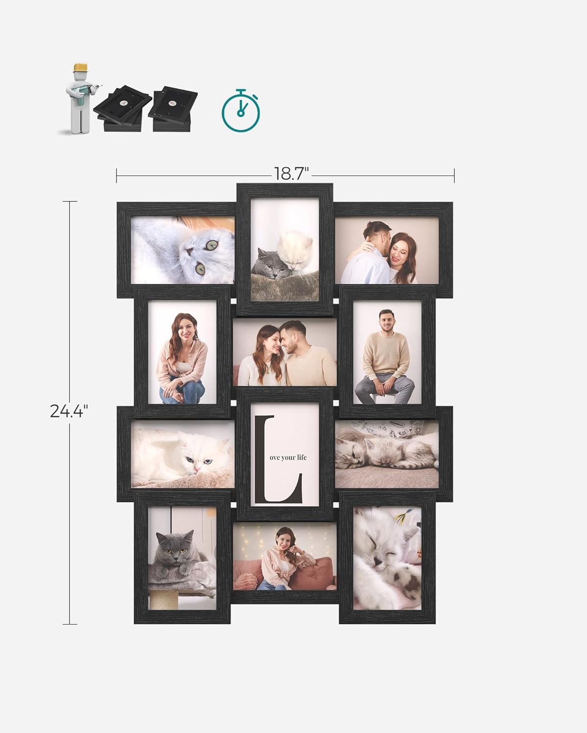 SONGMICS Collage Picture Frames, 4x6 for Wall Decor Set of 12, Multi Family Photo for Gallery Decor, Hanging Display, Assembly Required, Ink Black - Image 3