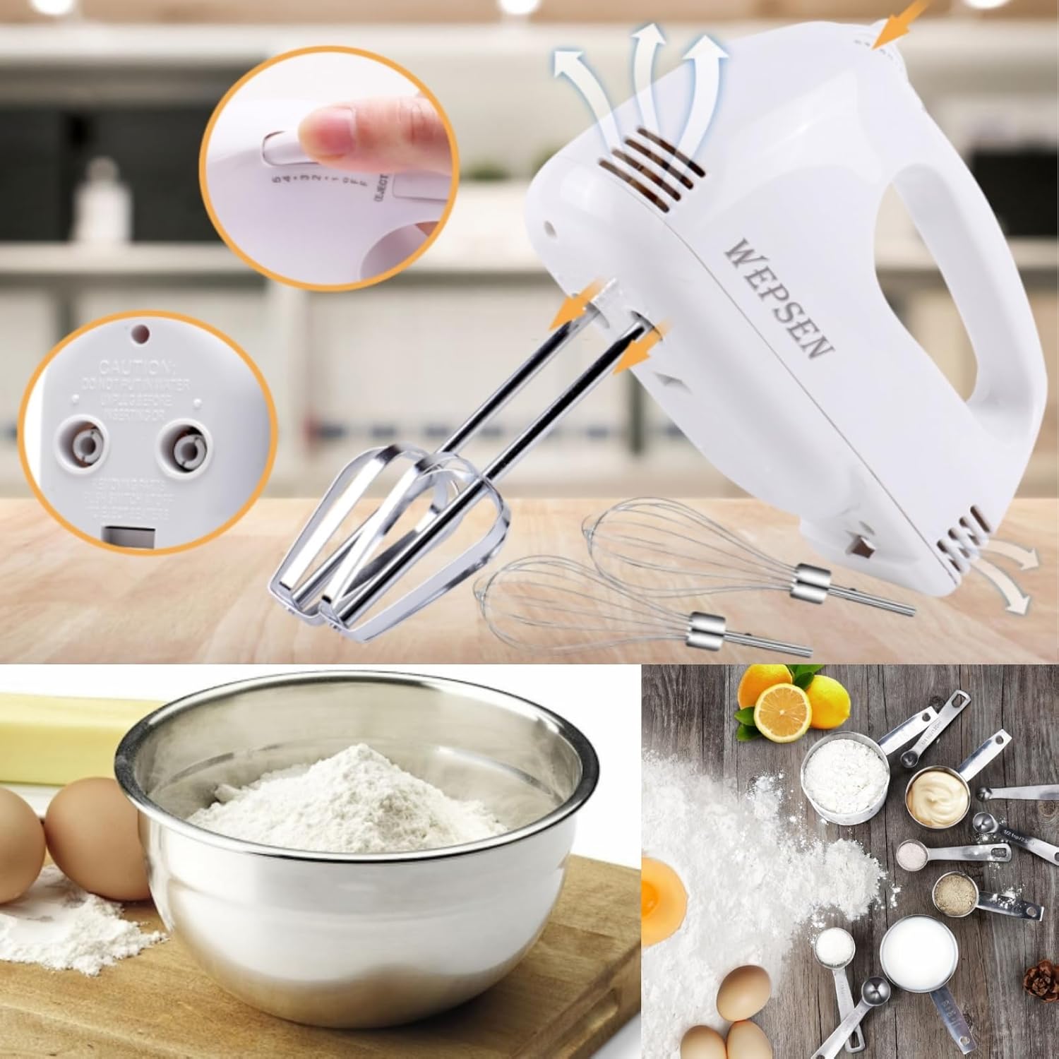 5-Speed Electric Hand Mixer, 4 Large Mixing Bowls Set, Handheld Mixers with Whisks Beater, Stainless Steel Metal Nesting Bowl Measuring Cups Spoons Kitchen Cake Blender for Baking Supplies - Image 4