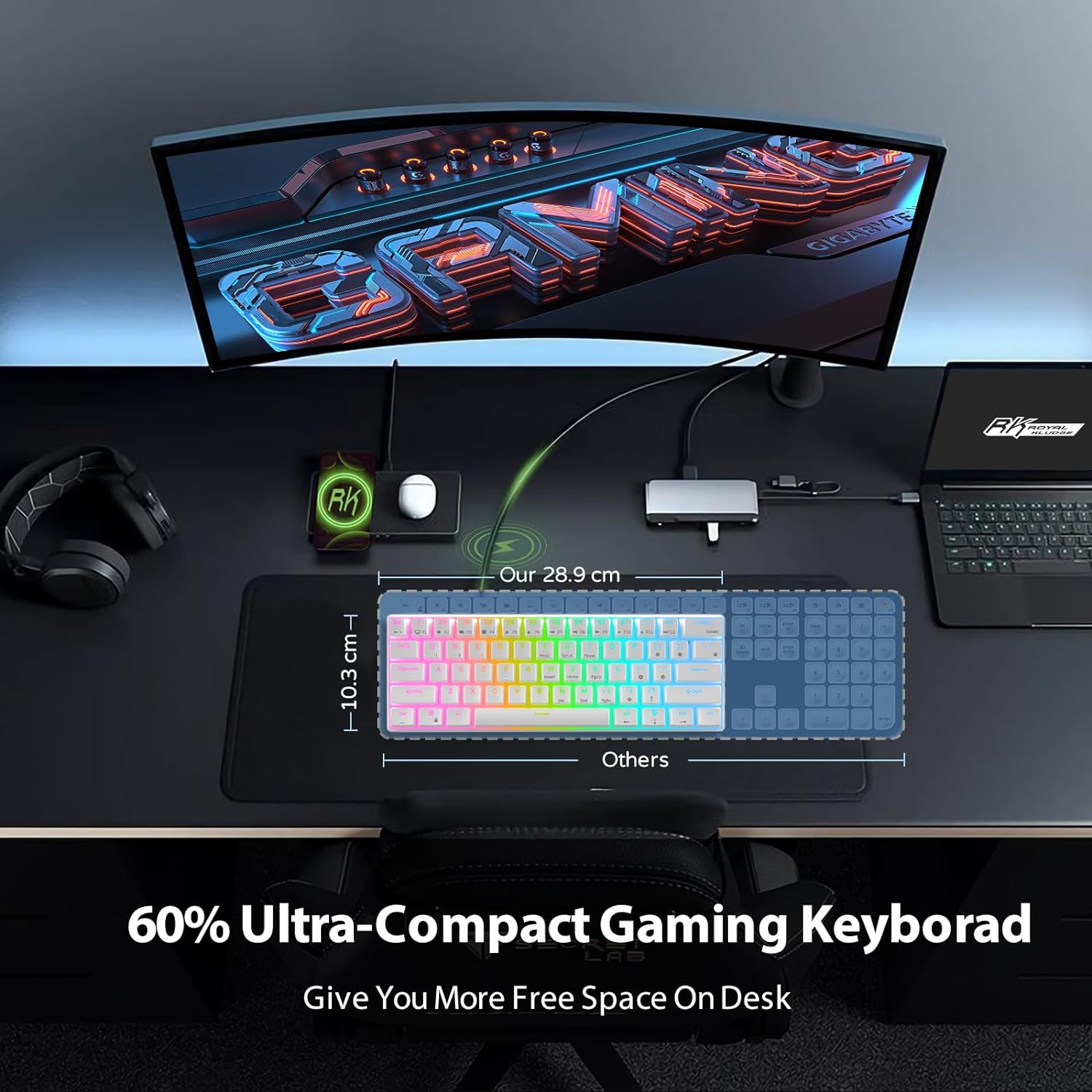 RK ROYAL KLUDGE RK61 Wired 60% Mechanical Gaming Keyboard Programmable QMK/VIA RGB Backlit 61 Keys Ultra-Compact Hot Swappable Red Switch White - Image 6