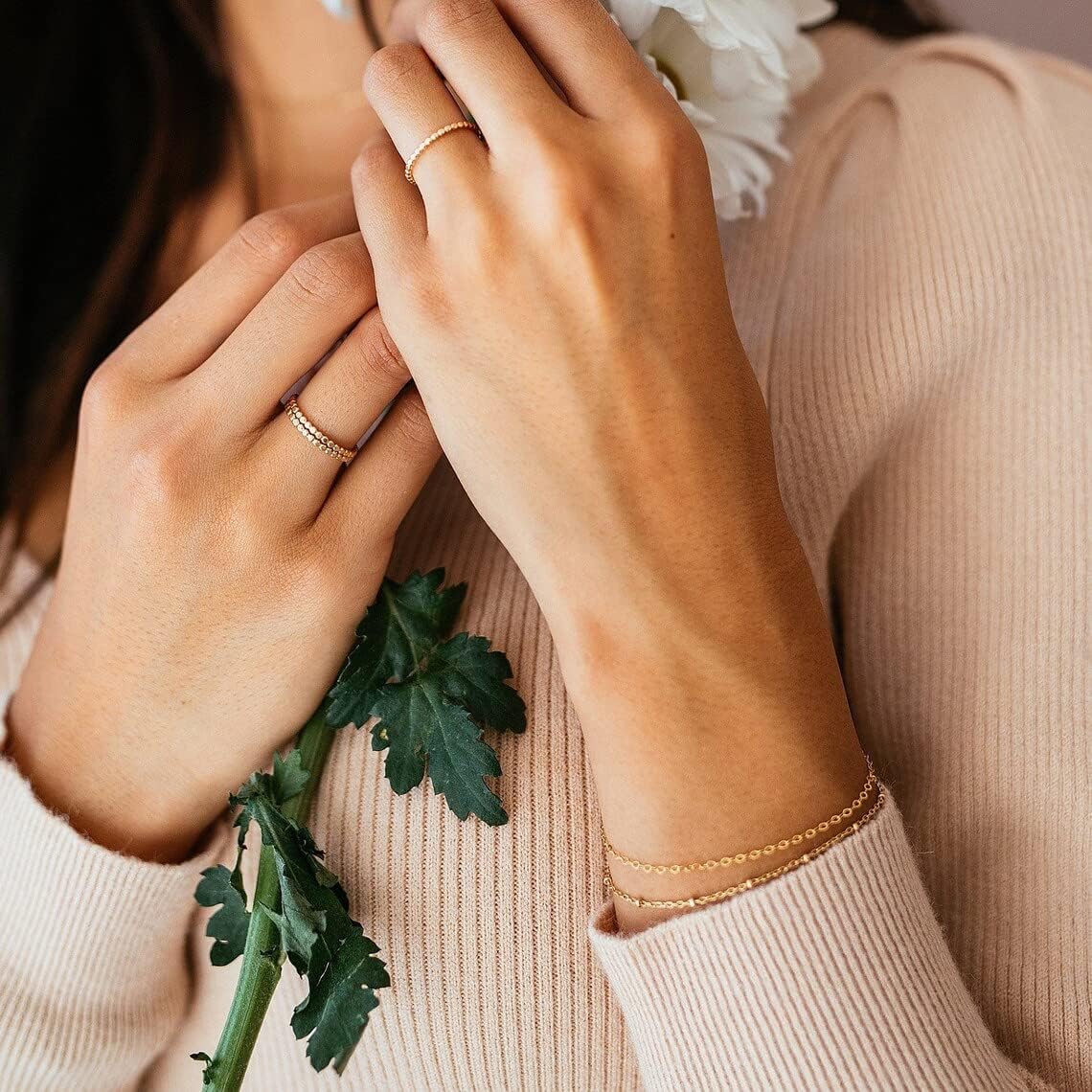 Tasiso Dainty Gold Bracelets for Women Cute Tiny Sideways Cross Bracelets Layered Pearls Herringbone Chain Toggle Clasp Bracelet Minimalist Handmade Jewelry Gift - Image 5