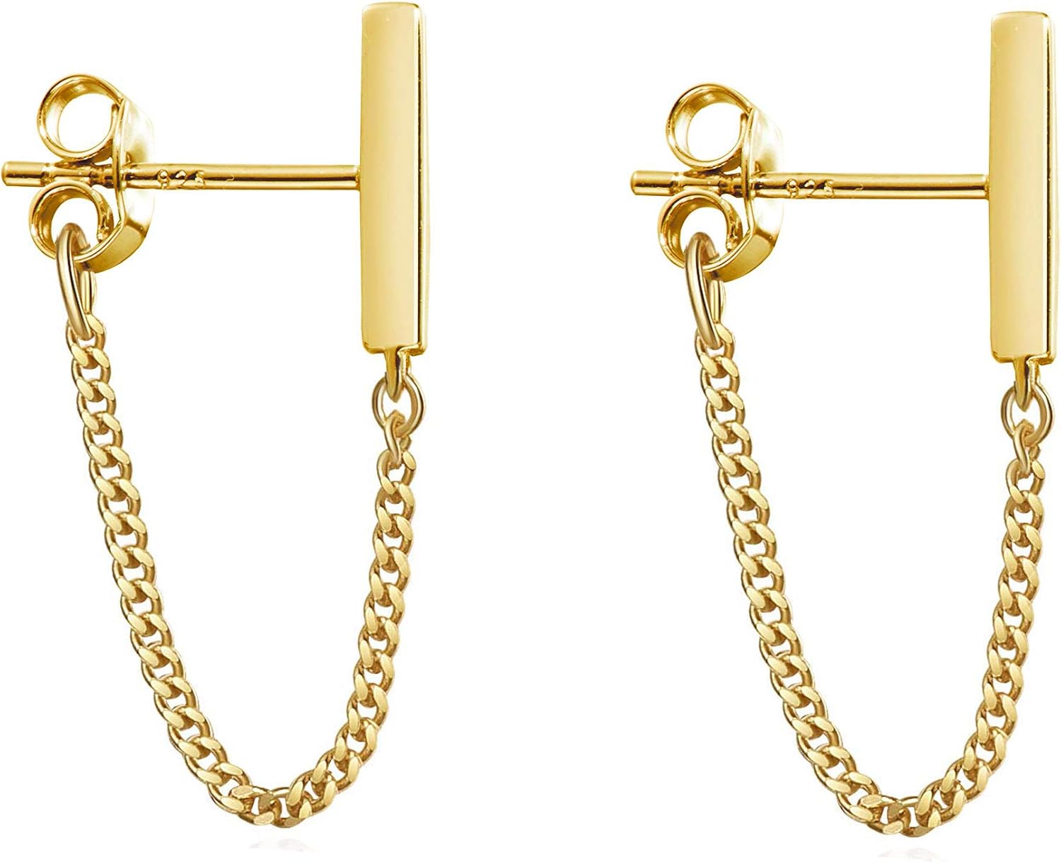 Reffeer Solid 925 Sterling Silver Stud Earrings Minimalist Bar Earrings with Chain Dangle Earrings For Women - Image 2