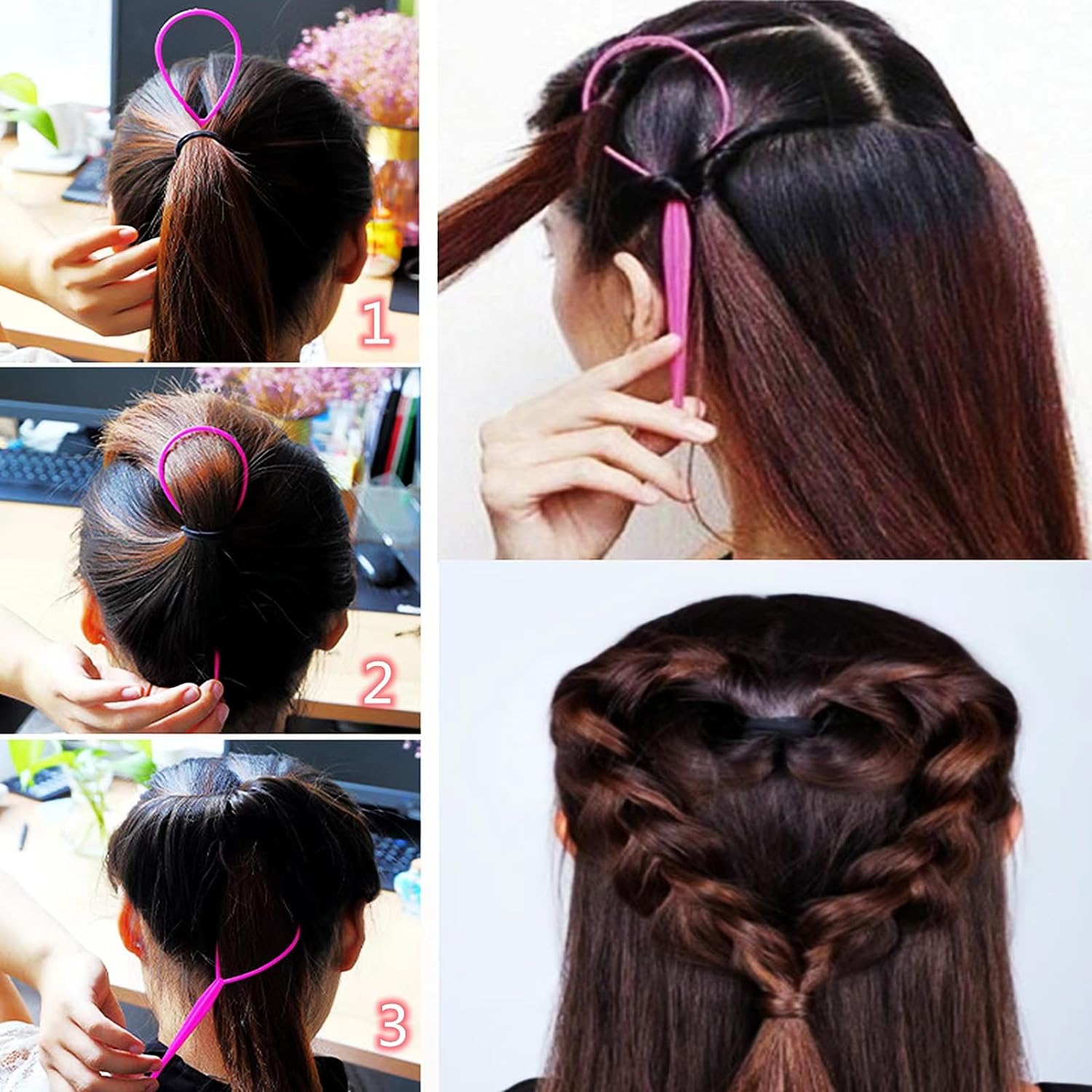Aigee 6pcs Topsy Tail and Hair Loop Styling Tool Set - Ponytail Makers, French Braid Loops in Large and Small, Hair Pull Through Tools (Pink, Blue, Purple) for Women and Girls - Image 8