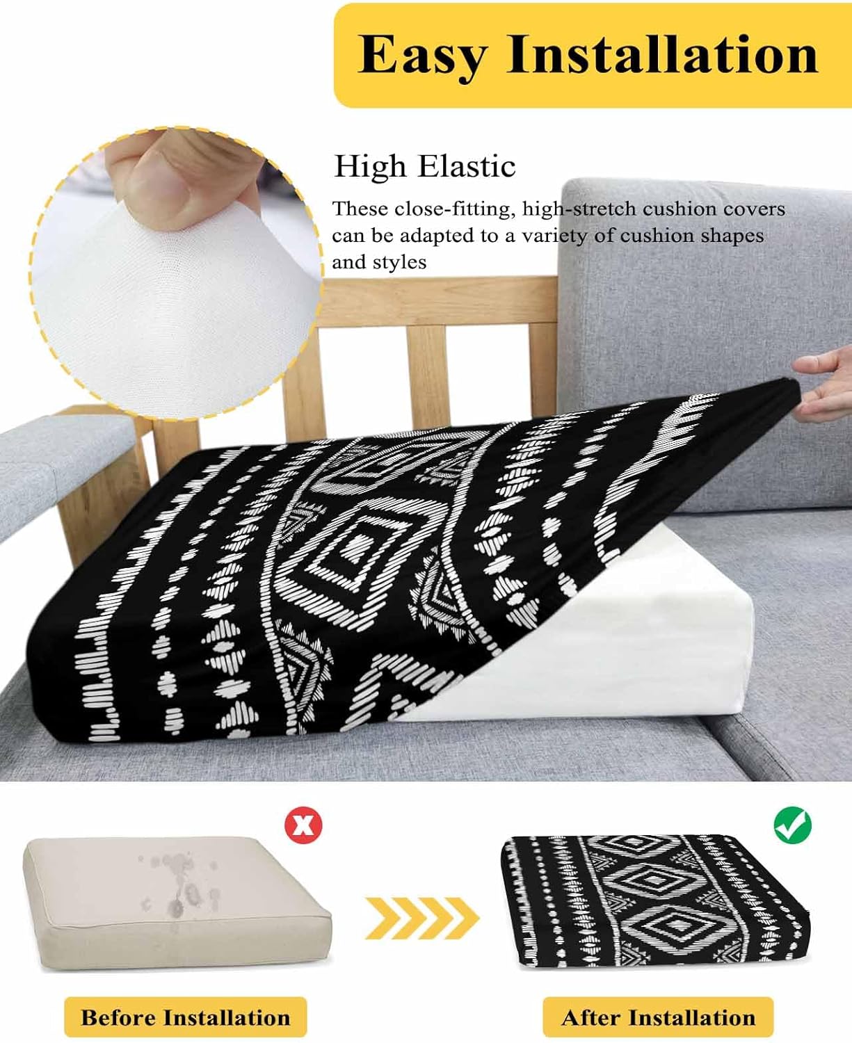 Geometric Boho Stretch Couch Sofa Cushion Covers,Sectional/Individual/L/T Shape Sofa Couch Slipcover Furniture Slip Cover with Elastic Bottom,Black White Abstract Minimalist Stripes S Size 2-PC - Image 6