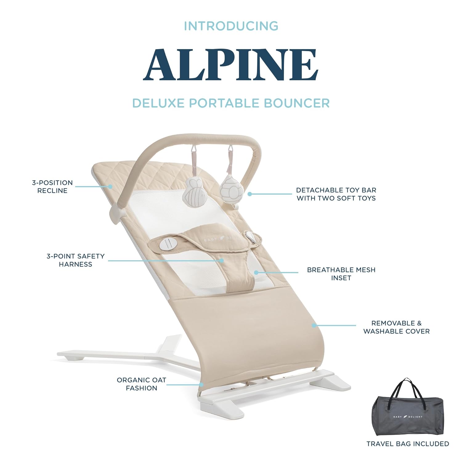 Baby Delight Alpine Deluxe Portable Bouncer, Infant, 0-6 Months, 100% GOTS Certified Cotton Fabrics, Organic Oat - Image 4