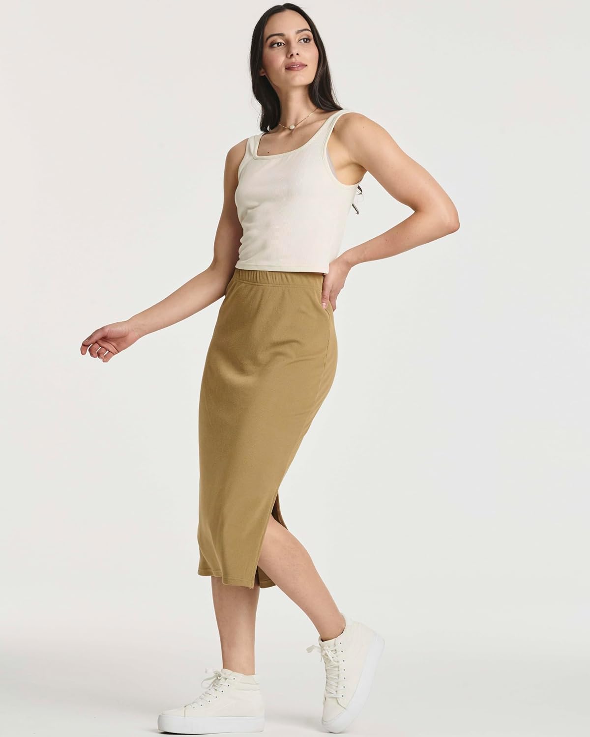 Real Essentials 3 Pack: Women's Midi Ribbed Knit Skirt with Side Slit - Stretchy Work Business Casual Pencil Pull-On Skirts - Image 6