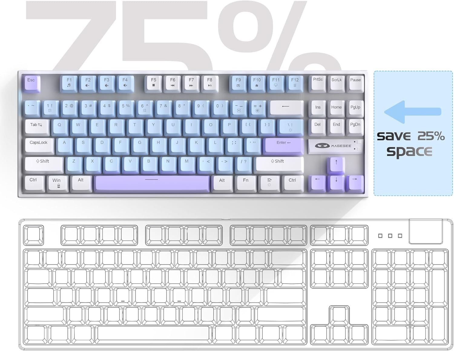 MageGee 75% Mechanical Gaming Keyboard with Blue Switch, LED Blue Backlit, 87 Keys Compact TKL Wired Keyboards for Windows Laptop PC Gamer - Blue/White - Image 4