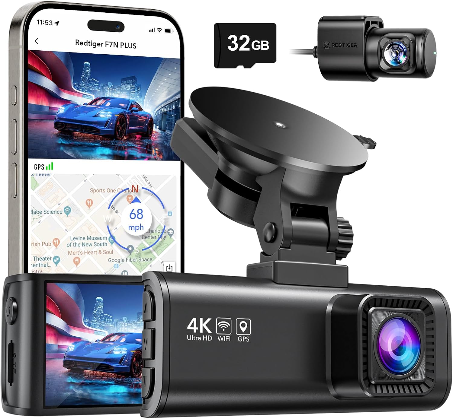 REDTIGER Dash Cam Front Rear, 4K/2.5K Full HD Dash Camera for Cars, Included 32GB Card, Built-in Wi-Fi GPS, 3.16” IPS Screen, Night Vision, 170°Wide Angle, WDR, 24H Parking Mode(F7NP) - Image 2