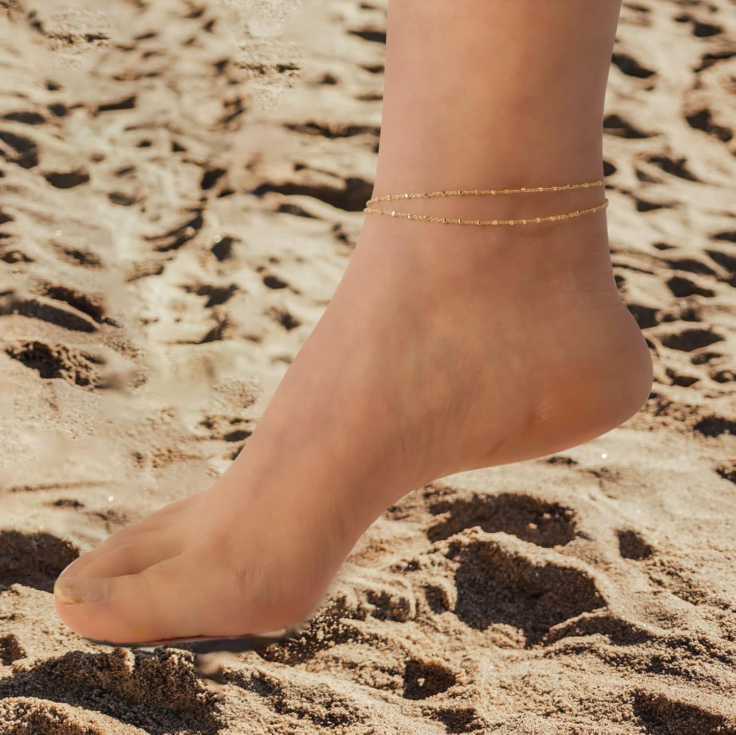 ASCOMY Ankle Bracelets for Women 14K Gold Plated Anklet for Women Silver Layered Shining Tennis Anklet Dainty Beaded Bar Dot Pearl Satellite Link Chain Anklets Summer Beach Foot Chain Jewelry Gifts - Image 5