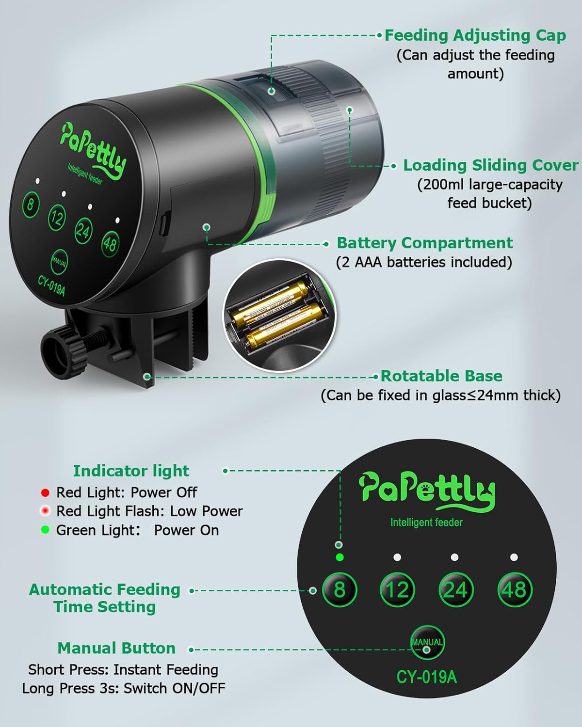 Automatic Fish Feeder for Aquarium, Auto Fish Food Dispenser with Timer and Feeding Ring, Moisture-Proof, Smart Fish Tank Vacation Feeder with 2 AAA Batteries - Image 8
