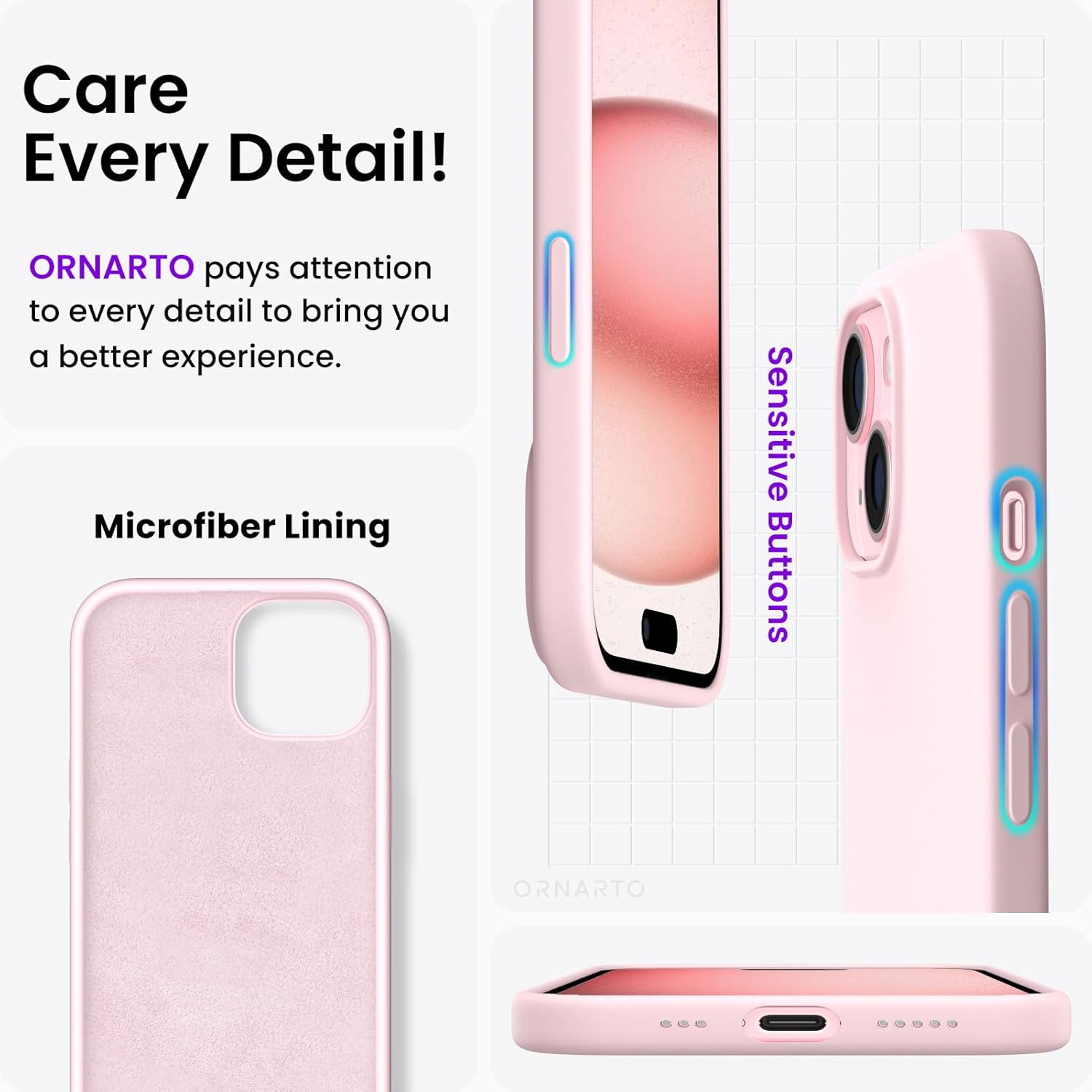 ORNARTO Compatible with iPhone 15 Case 6.1, Slim Liquid Silicone 3 Layers Full Covered Soft Gel Rubber Phone Case, Anti-Scratch Shockproof Protective Cover 6.1 Inch, Chalk Pink - Image 6