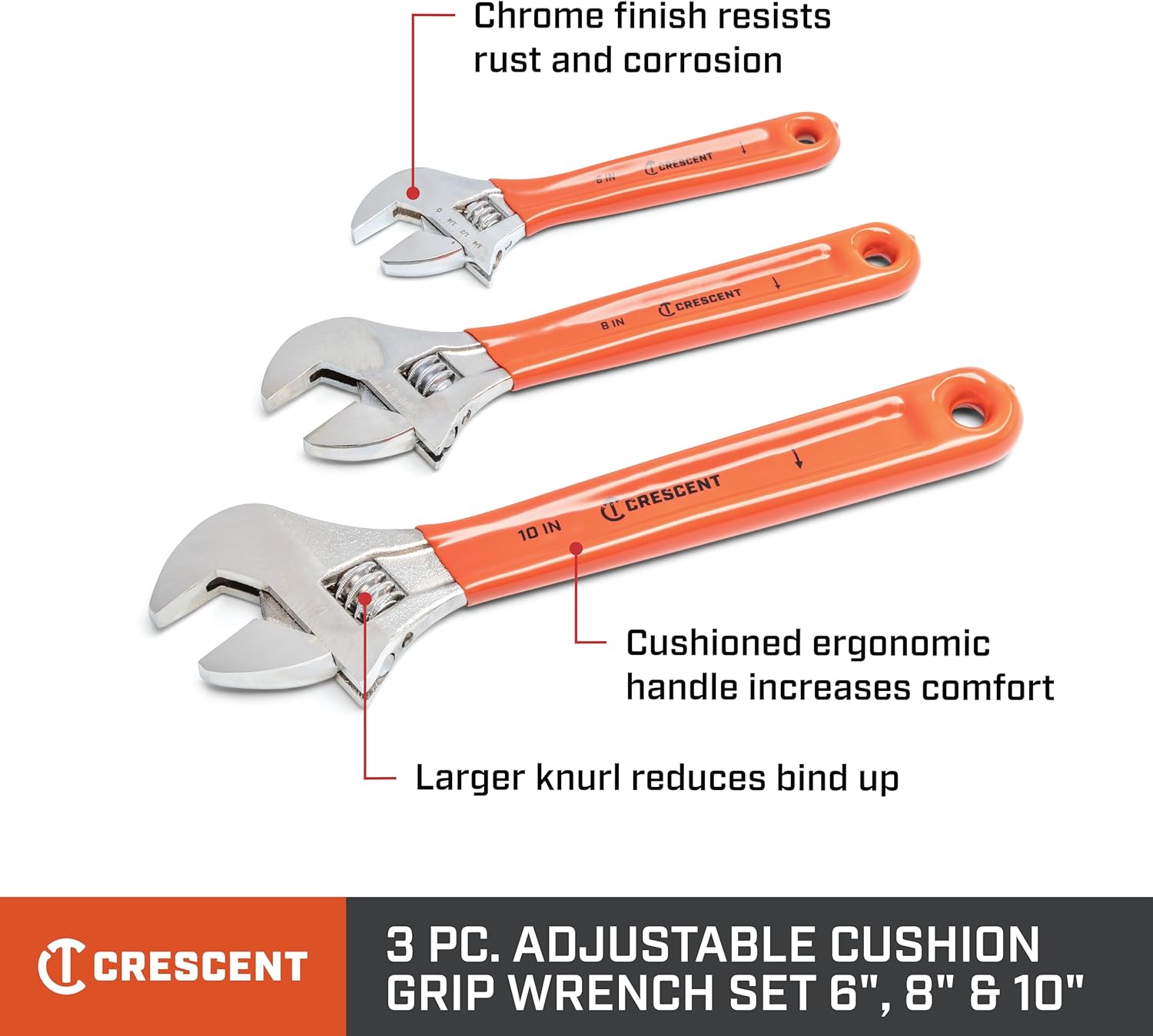 Crescent 3 Piece Adjustable Cushion Grip Wrench Set 6", 8" & 10" - AC26810CV - Image 3