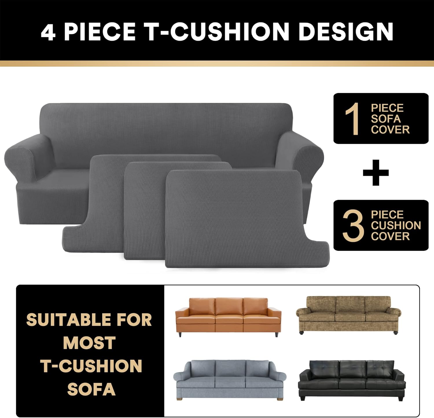 PrinceDeco T Cushion Sofa Slipcover 4 Pieces Sofa Covers for T Cushion Sofa Soft Couch Cover Sofa Slip Covers Furniture Covers with 3 Individual T Cushion Shape Seat Covers Machine Washable, Grey - Image 4
