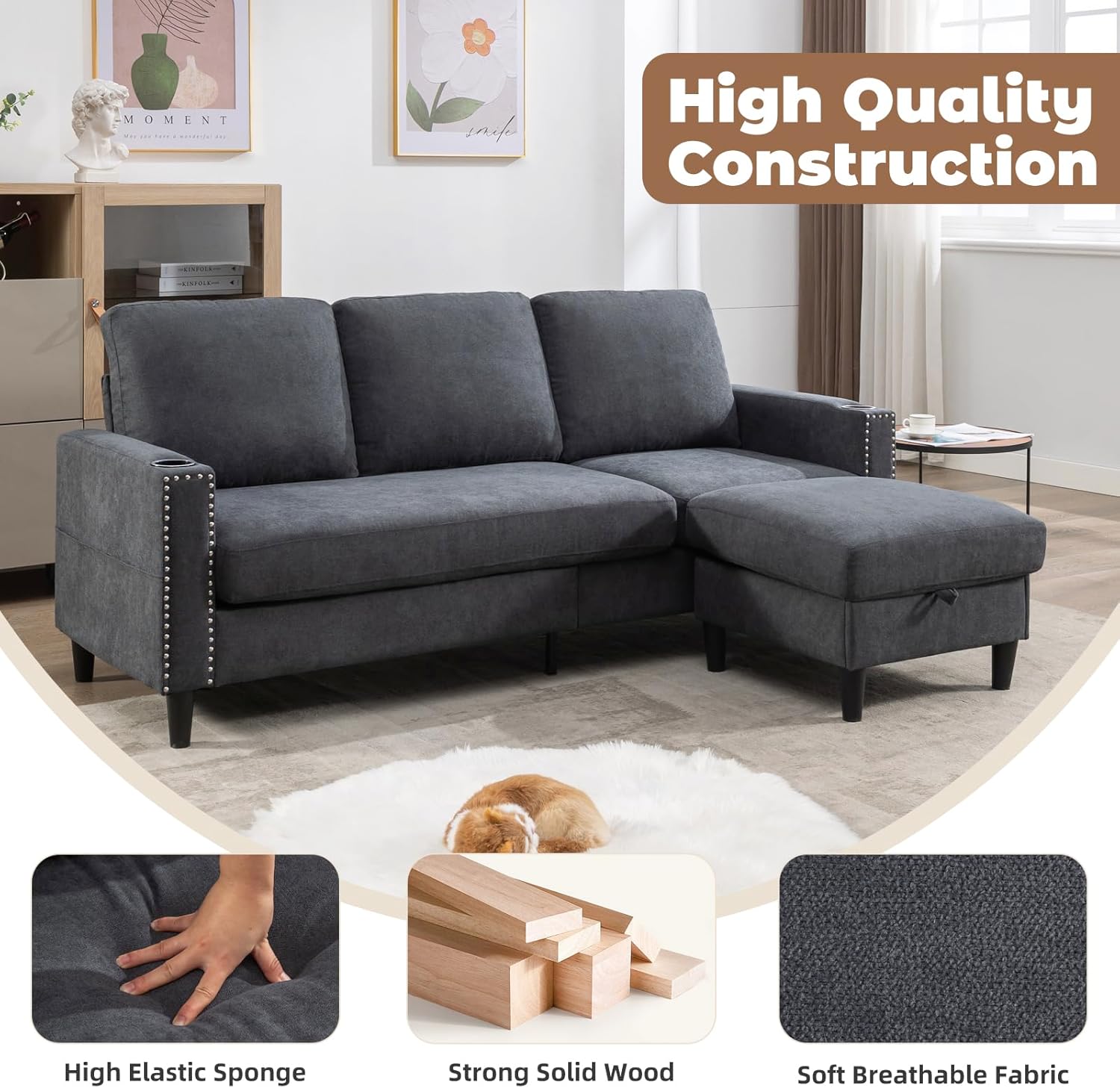 Convertible Sectional Couches for Living Room, L-Shaped Couch 3 Seats Sofas with Storage Chaise & 2 Cup Holders, Small Sofa for Apartment, Compact Spaces, Dark Grey - Image 4