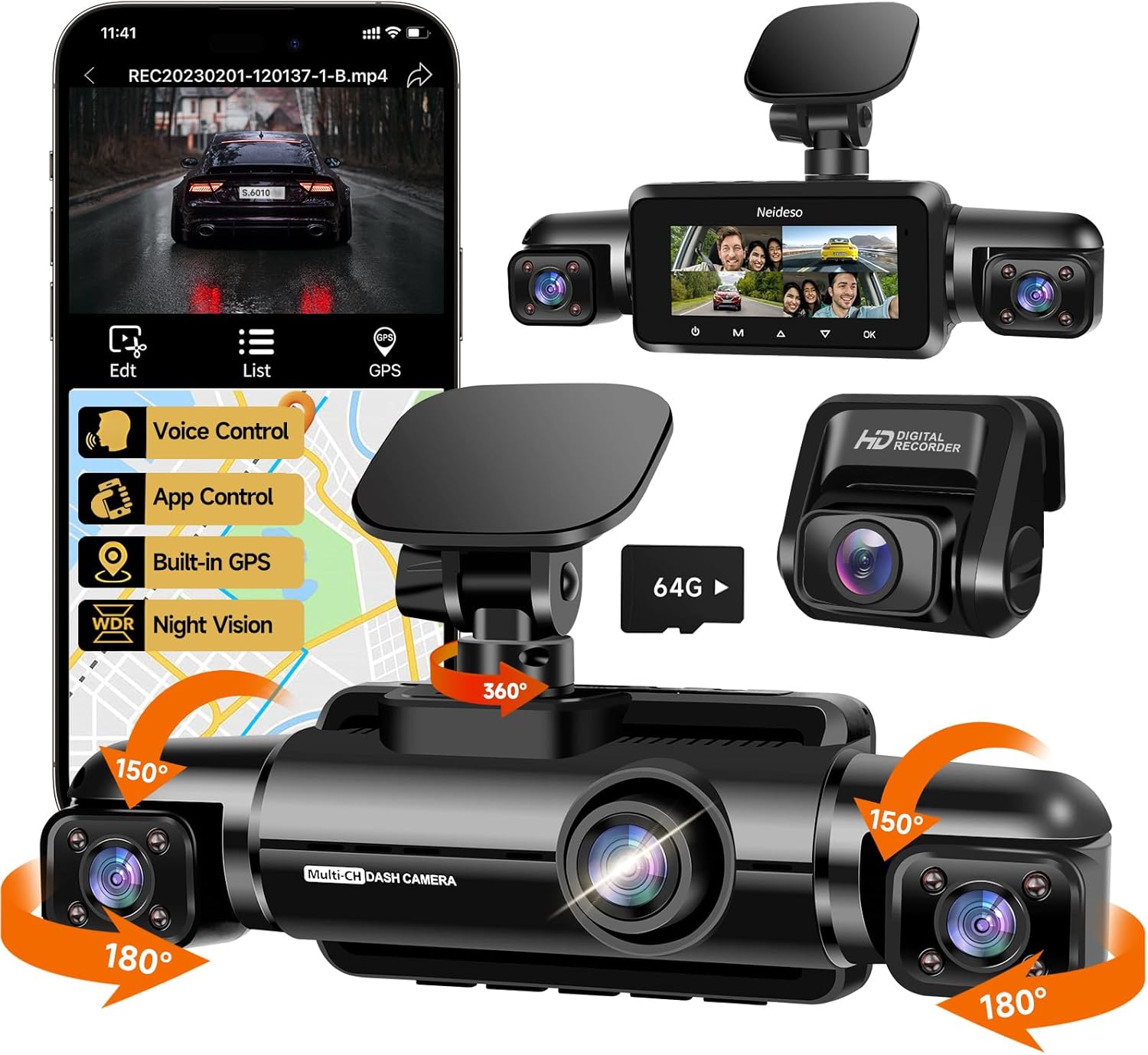 360° Dash Cam Front and Rear Inside, 4 Channel FHD 4 * 1080P, Wi-Fi GPS Voice Control Car Camera, Front 2K+1080P*2 Dash Camera for Cars, with 64GB SD Card, Night Vision, 24H Parking Mode(N300) - Image 2