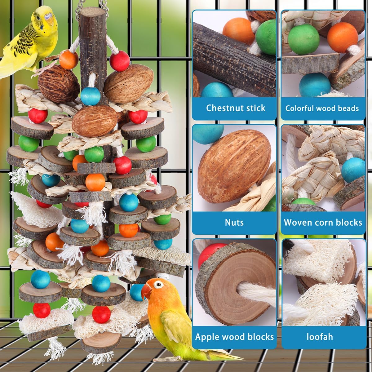 BBjinronjy Large Parrot Toys Bird Chewing Toys-Natural Nuts Corn Loofah Wooden Bird Cage Toy for African Grey,Macaws,Conure,Cokatoos,Cockatiel,Amazon Parrots and Other Medium and Small Birds - Image 5