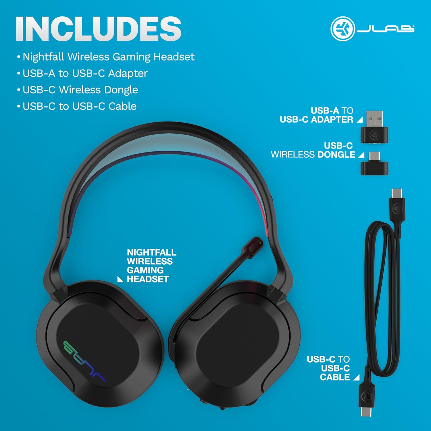 JLab Nightfall Wireless Gaming Headset, All-Night Comfort, 50mm Drivers and Sound Isolating Inner Shelf, Flip-to-Mute Rotating Mic, Dual Wireless Connections, Customization Options with The Lab App - Image 8