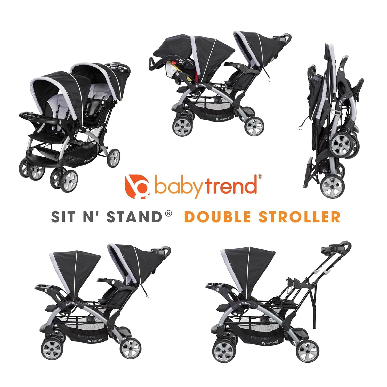 Baby Trend Double Infant and Toddler Stroller w/Harness and Basket, Sit N' Stand, Stormy - Image 5