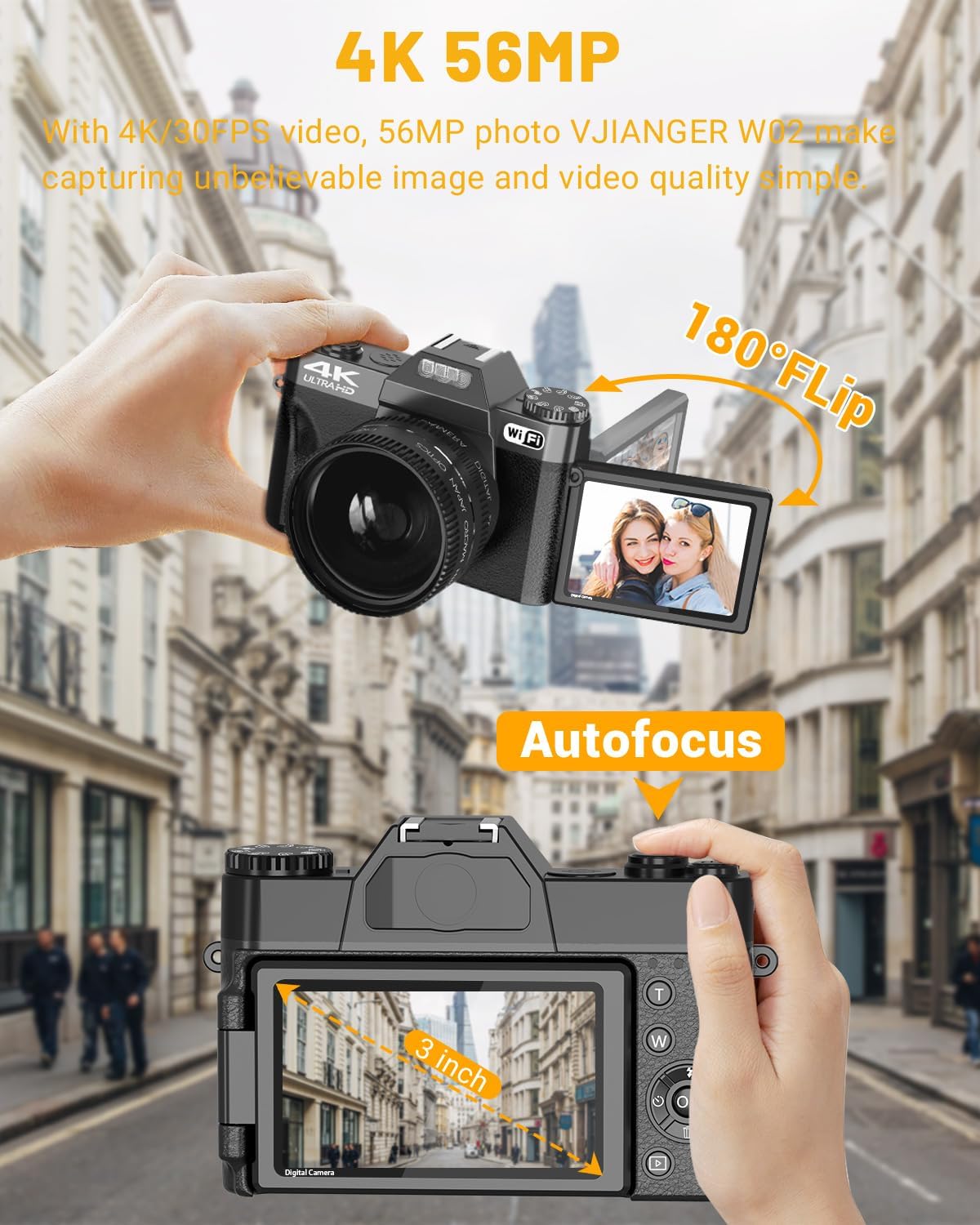2024 Upgrade VJIANGER Digital Camera for Photography 4K 56MP Vlogging Camera for YouTube with WiFi, 180° Flip Screen, 16X Digital Zoom, 52mm Lens, 2 Batteries, 32GB Micro SD Card(Black) - Image 4