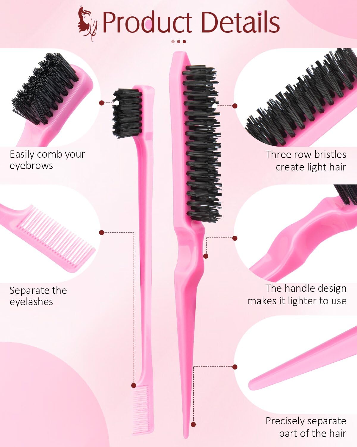 Aigee 8Pcs Hair Styling Combs Set Include 4Pcs Topsy Hair Tail Tools 2 Styles of Rat Tail Comb,1Pcs Bristle Teasing And Slick Back Hair Brush,1Pcs Edge Control Brush,Eyebrow Brush for Woman Girl Pink - Image 5