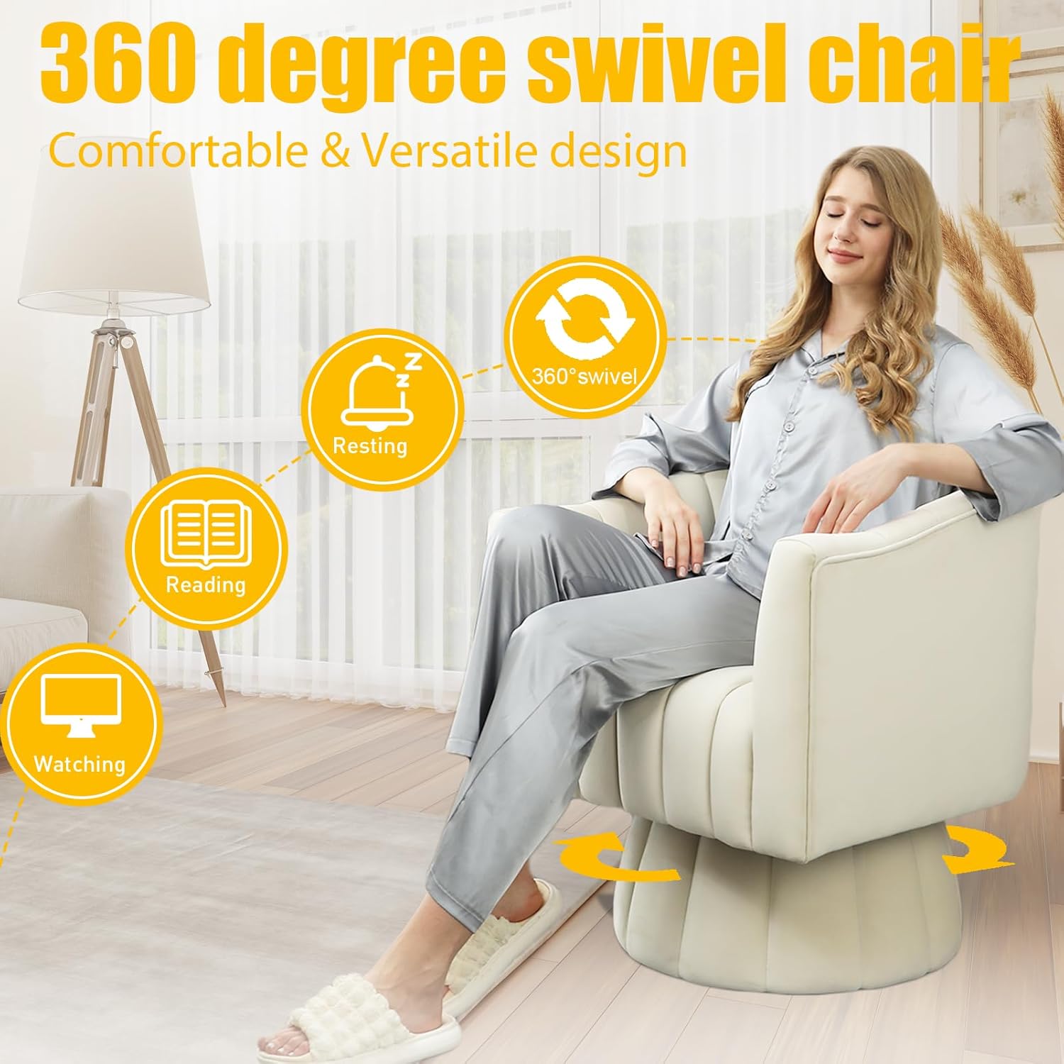Accent Chair Mid Century 360 Degree Swivel Chair,Modern Lounge Sofa Round Barrel Chair with Wide Upholstered,Fluffy Velvet Fabric Chairs for Home Sofa Living Room/Bedroom/Waiting Room (Beige) - Image 5
