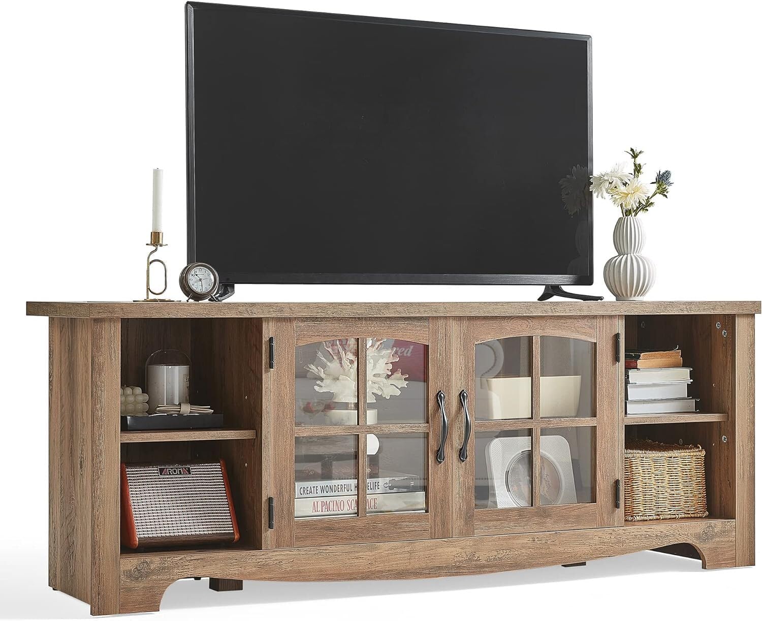 LINSY HOME Farmhouse TV Stand for 65 Inch TV, Wood Entertainment Center with Glass Door Storage Cabinet & Adjustable Shelves, Large Sturdy Console Table for Living Room & Bedroom - Image 2