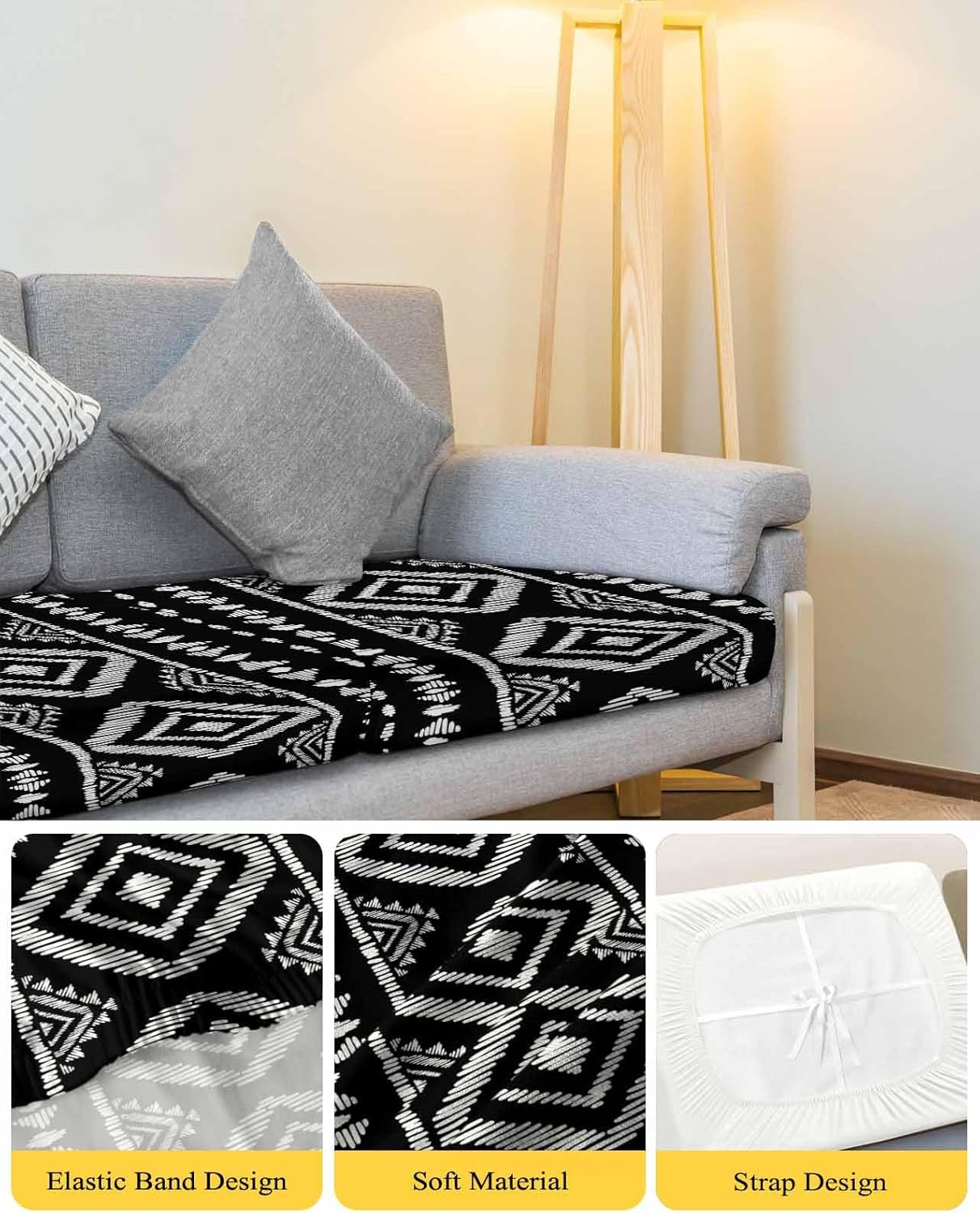 Geometric Boho Stretch Couch Sofa Cushion Covers,Sectional/Individual/L/T Shape Sofa Couch Slipcover Furniture Slip Cover with Elastic Bottom,Black White Abstract Minimalist Stripes S Size 2-PC - Image 5