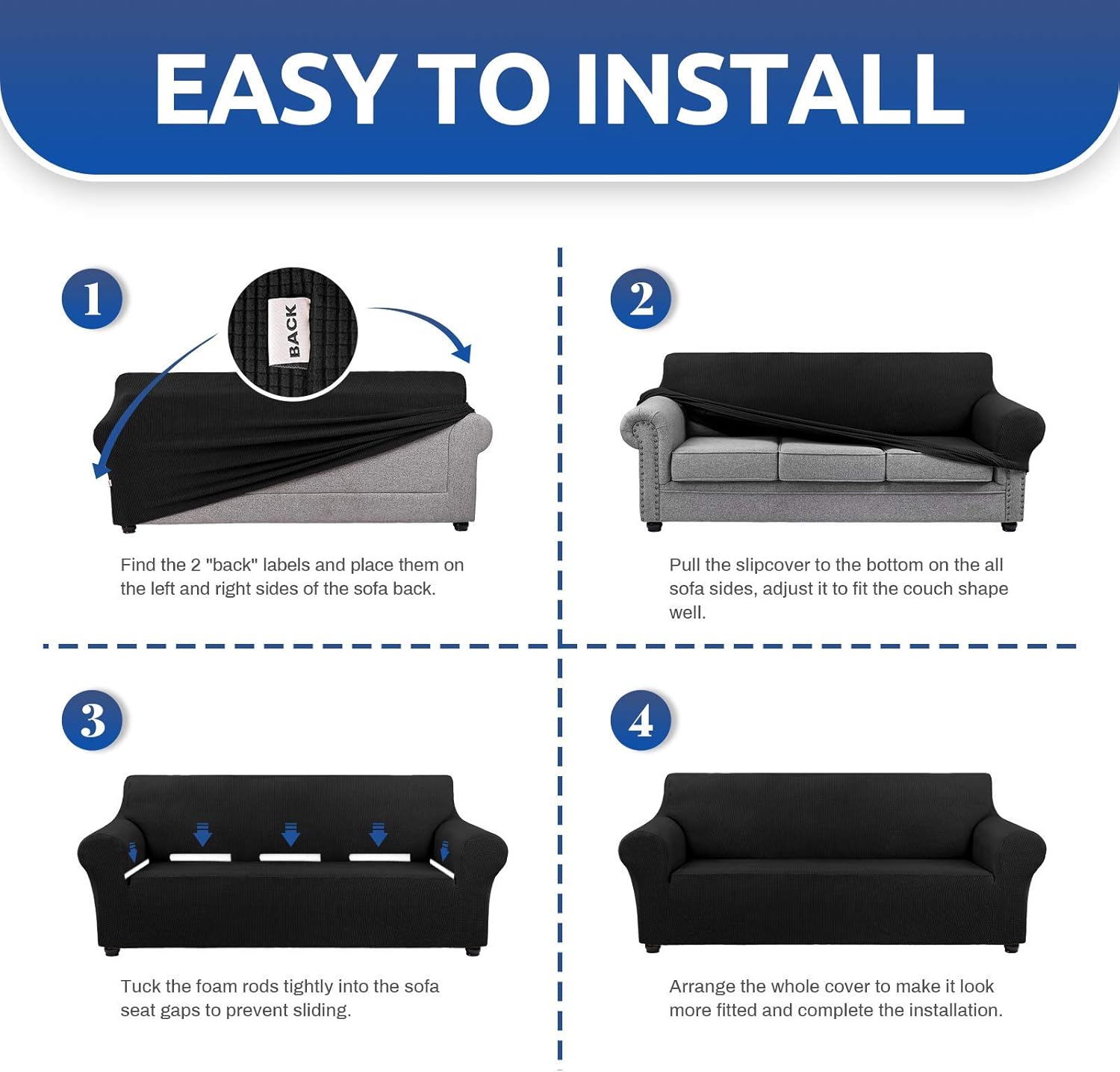 KEKUOU Stretch Loveseat Sofa Cover Slipcover,Couch Covers for 2 Cushion Couch Sofa (55"-79") Furniture Protector Sofa with Elastic Bottom for Kids,Dog. Jacquard Small Checked (Medium,Black) - Image 7