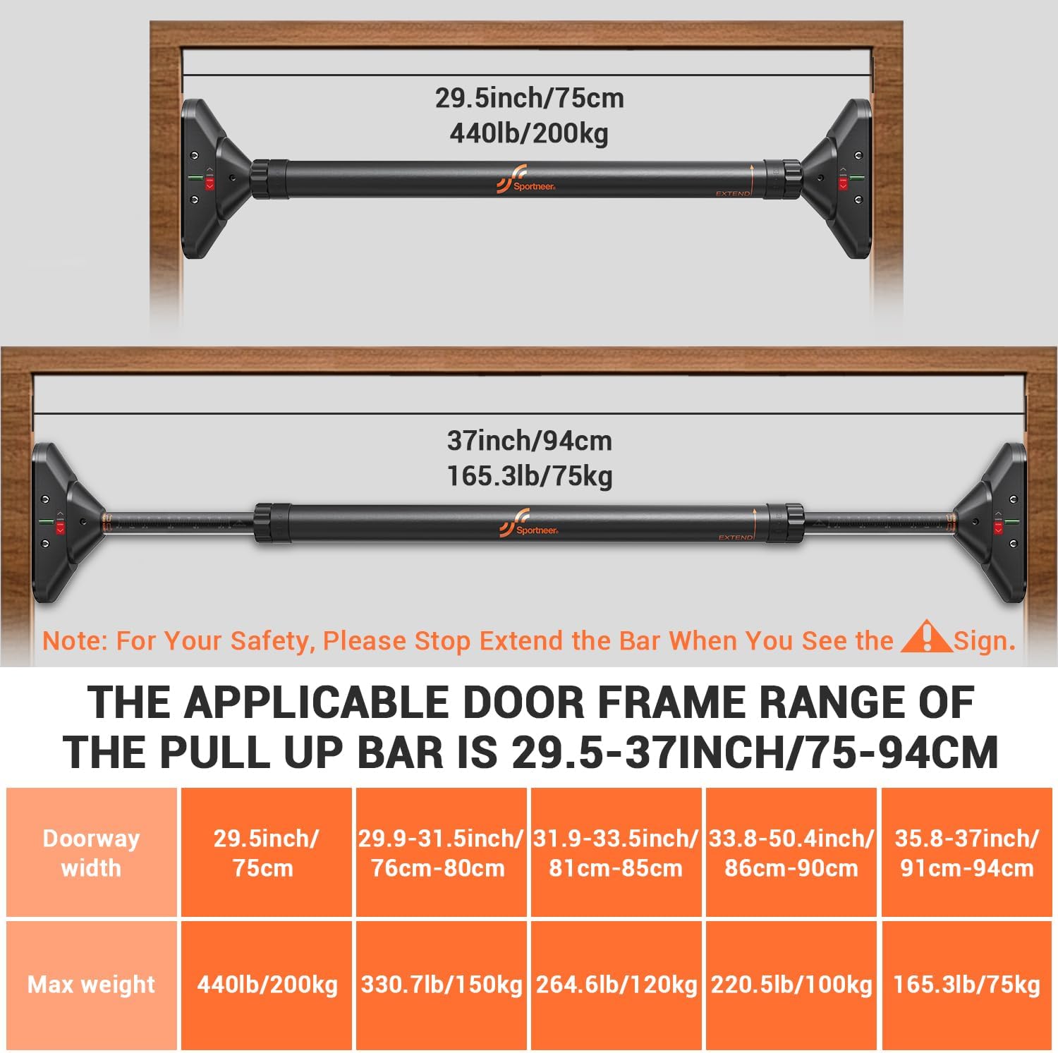 Sportneer Pull Up Bar: Strength Training Chin up Bar without Screws - Adjustable 29.5''-37'' Width Locking Mechanism Pull-up Bar for Doorway - Max Load 440lbs for Home Gym Upper Body Workout, Non-slip - Image 4